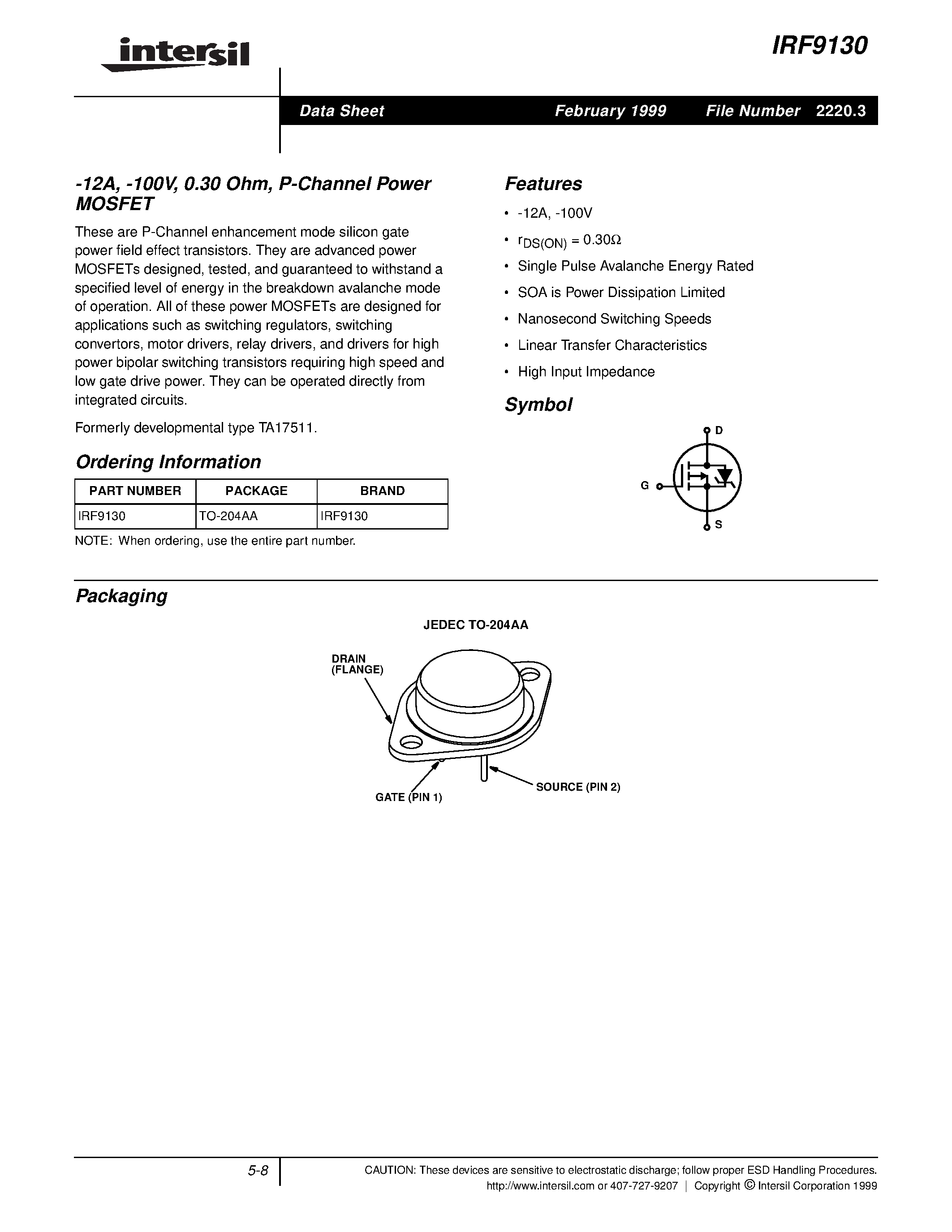 Datasheet IRF9130 - -12A/ -100V/ 0.30 Ohm/ P-Channel Power MOSFET page 1