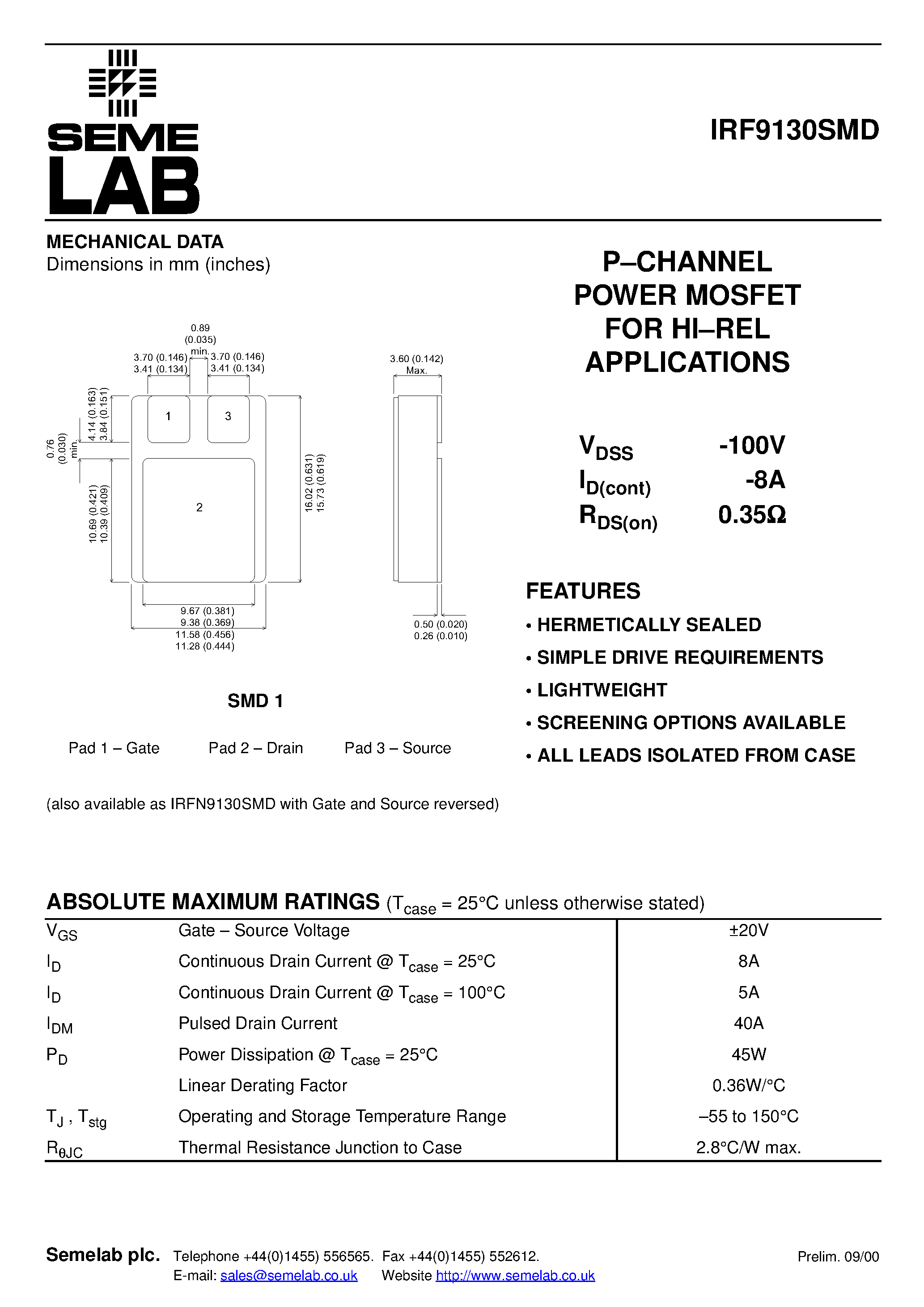 Datasheet IRF9130SMD page 1 Datasheet IRF9130SMD - P-CHANNEL POWER MOSFET FOR HI.REL APPLICATIONS page 1