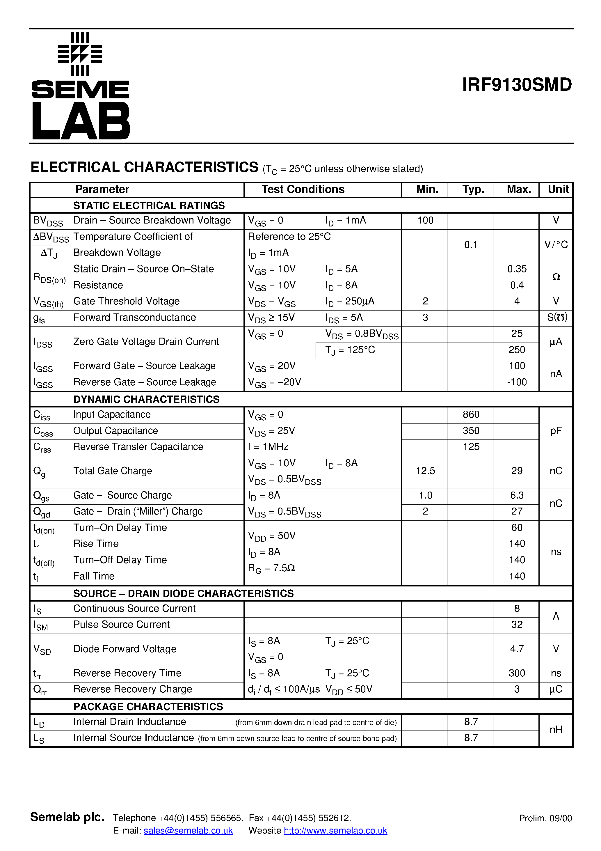 Datasheet IRF9130SMD page 2 Datasheet IRF9130SMD - P-CHANNEL POWER MOSFET FOR HI.REL APPLICATIONS page 2