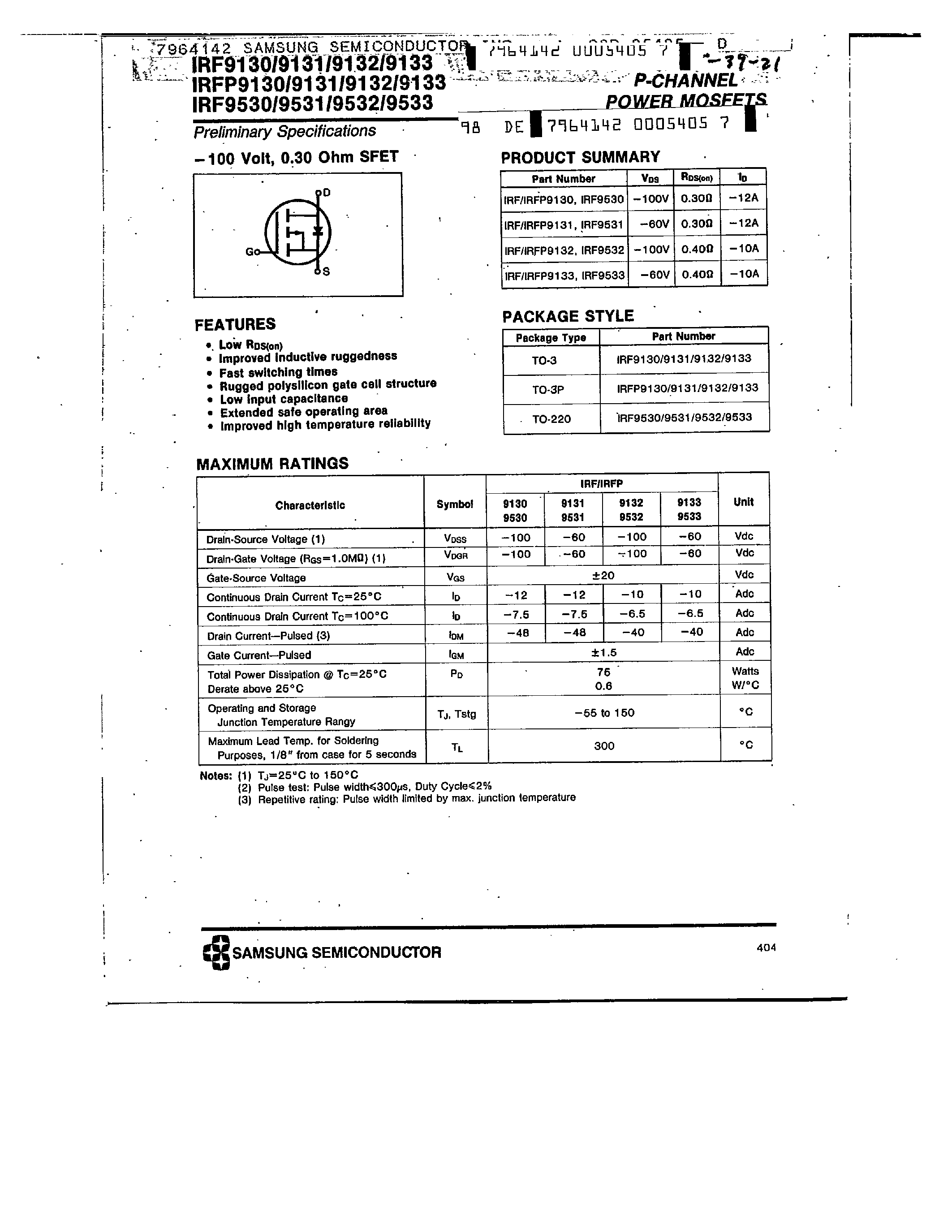 Datasheet IRF9131 - P-CHANNEL POWER MOSFETS page 1