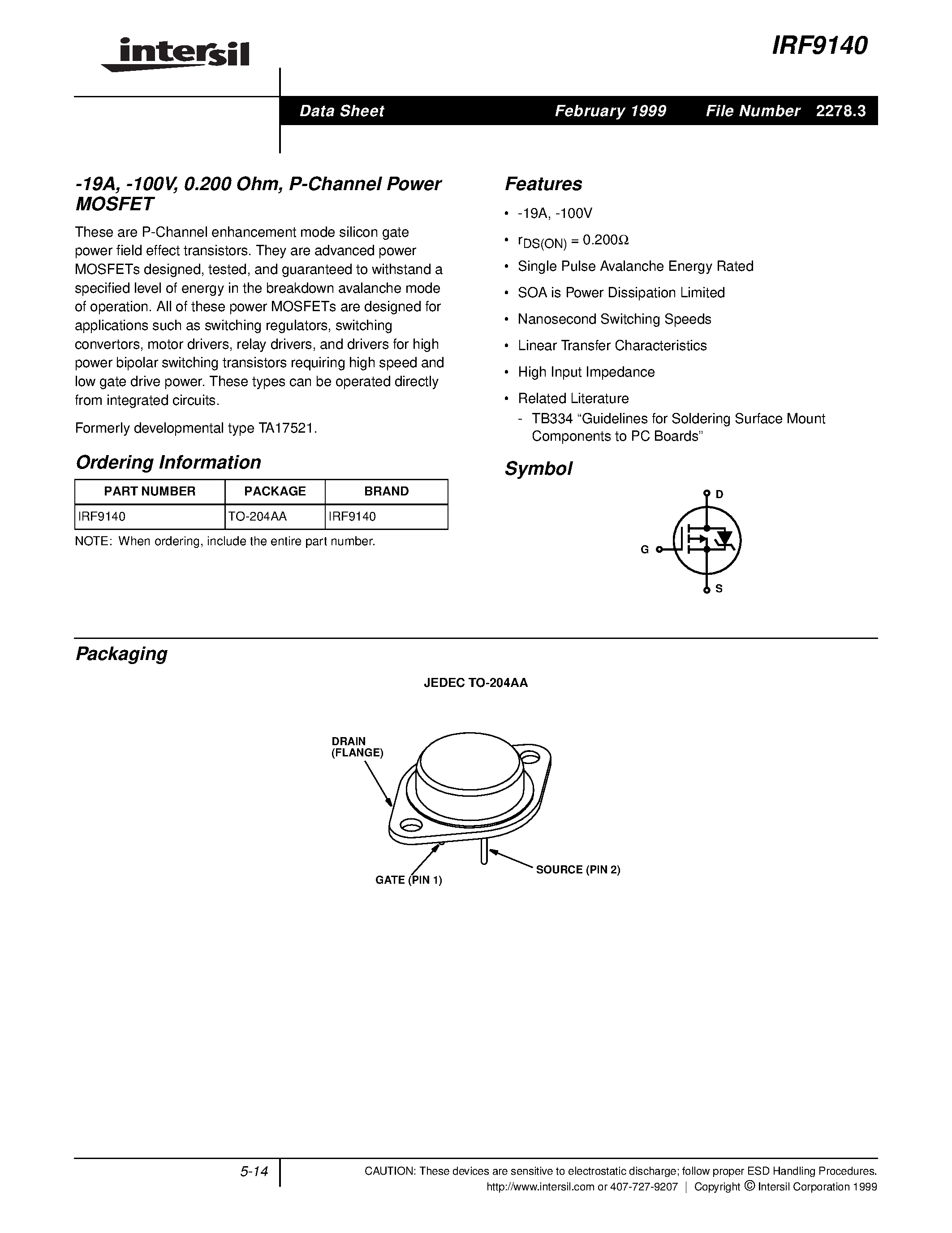 Datasheet IRF9140 - -19A/ -100V/ 0.200 Ohm/ P-Channel Power MOSFET page 1