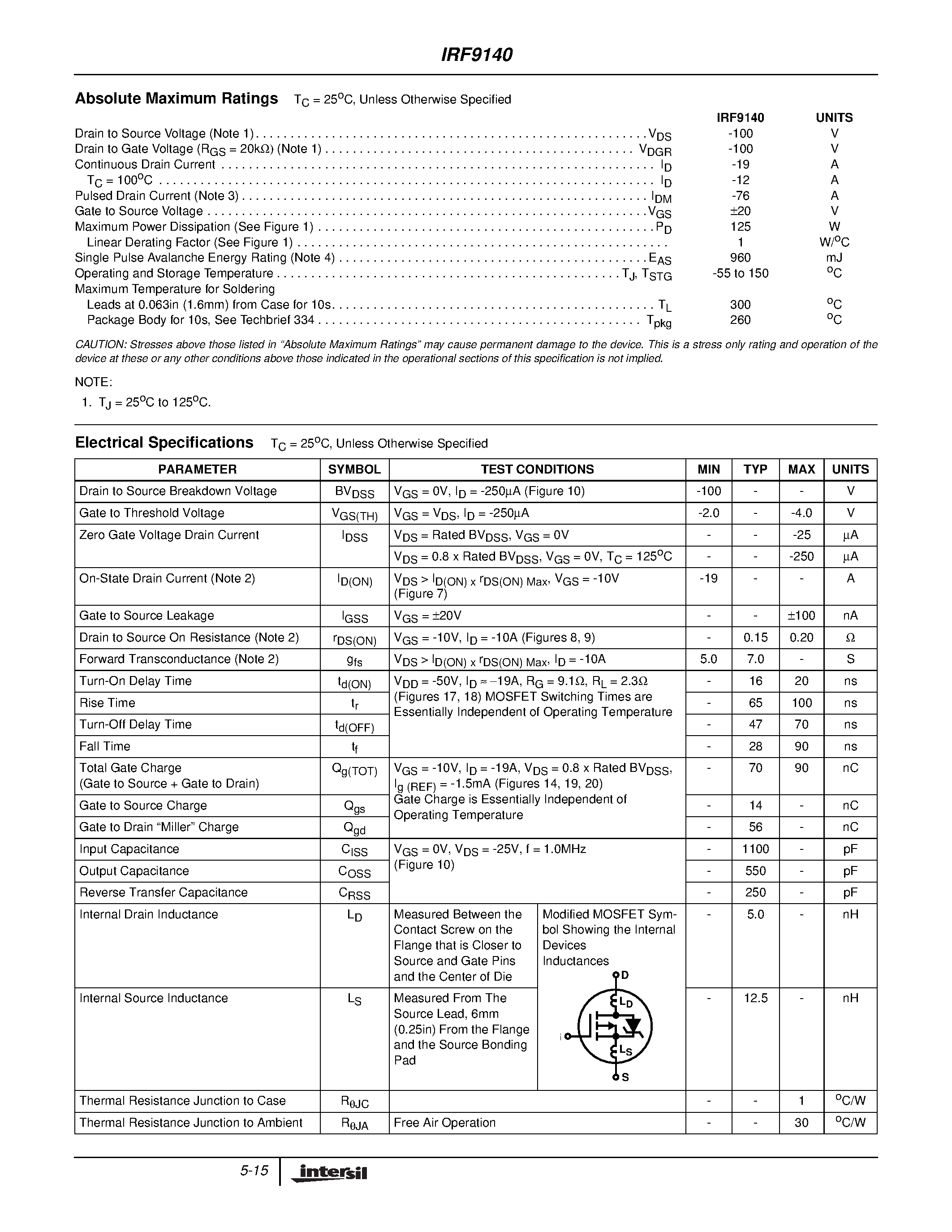 Datasheet IRF9140 - -19A/ -100V/ 0.200 Ohm/ P-Channel Power MOSFET page 2