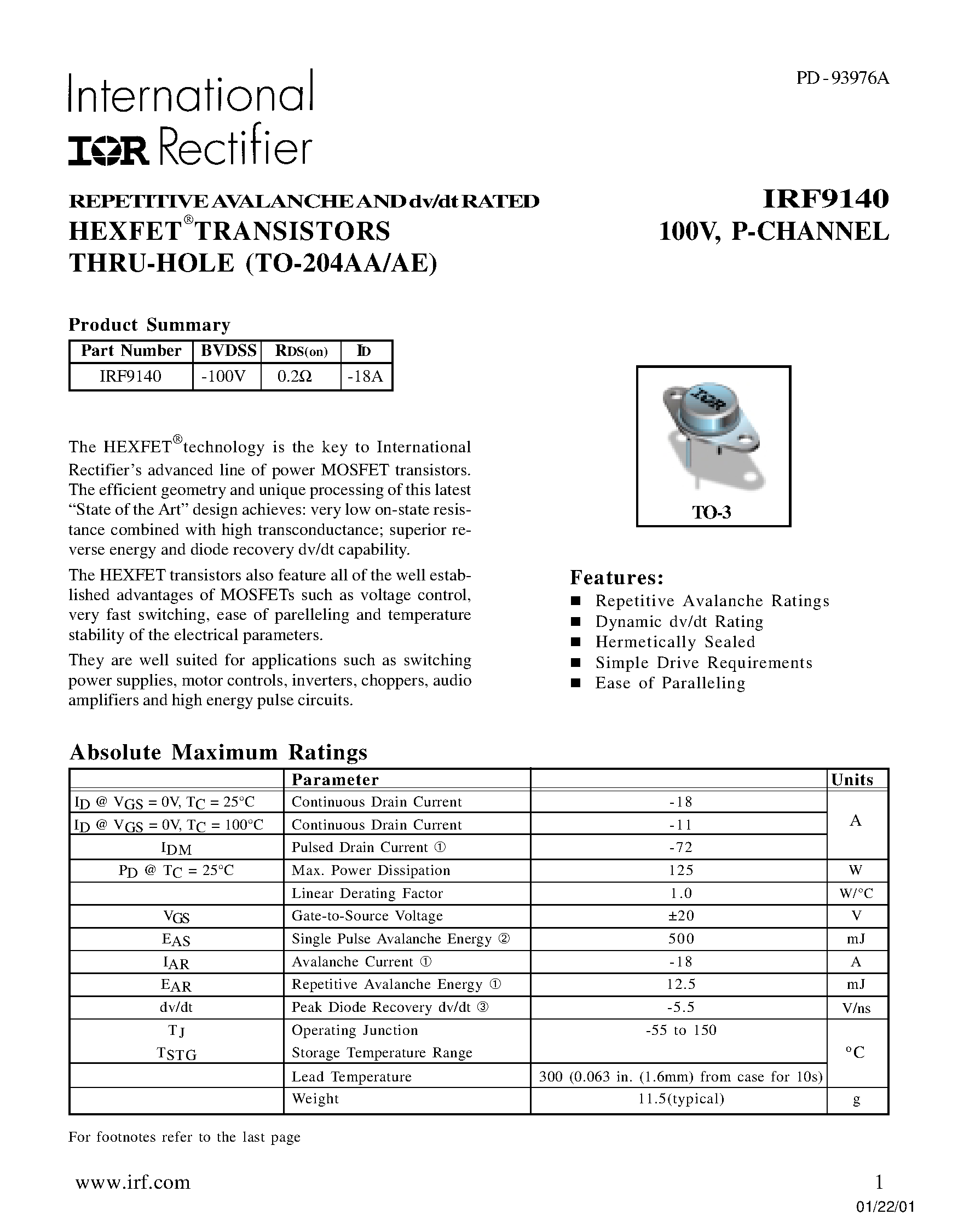 Datasheet IRF9140 - TRANSISTORS P-CHANNEL(Vdss=-100V/ Rds(on)=0.2ohm/ Id=-18A) page 1