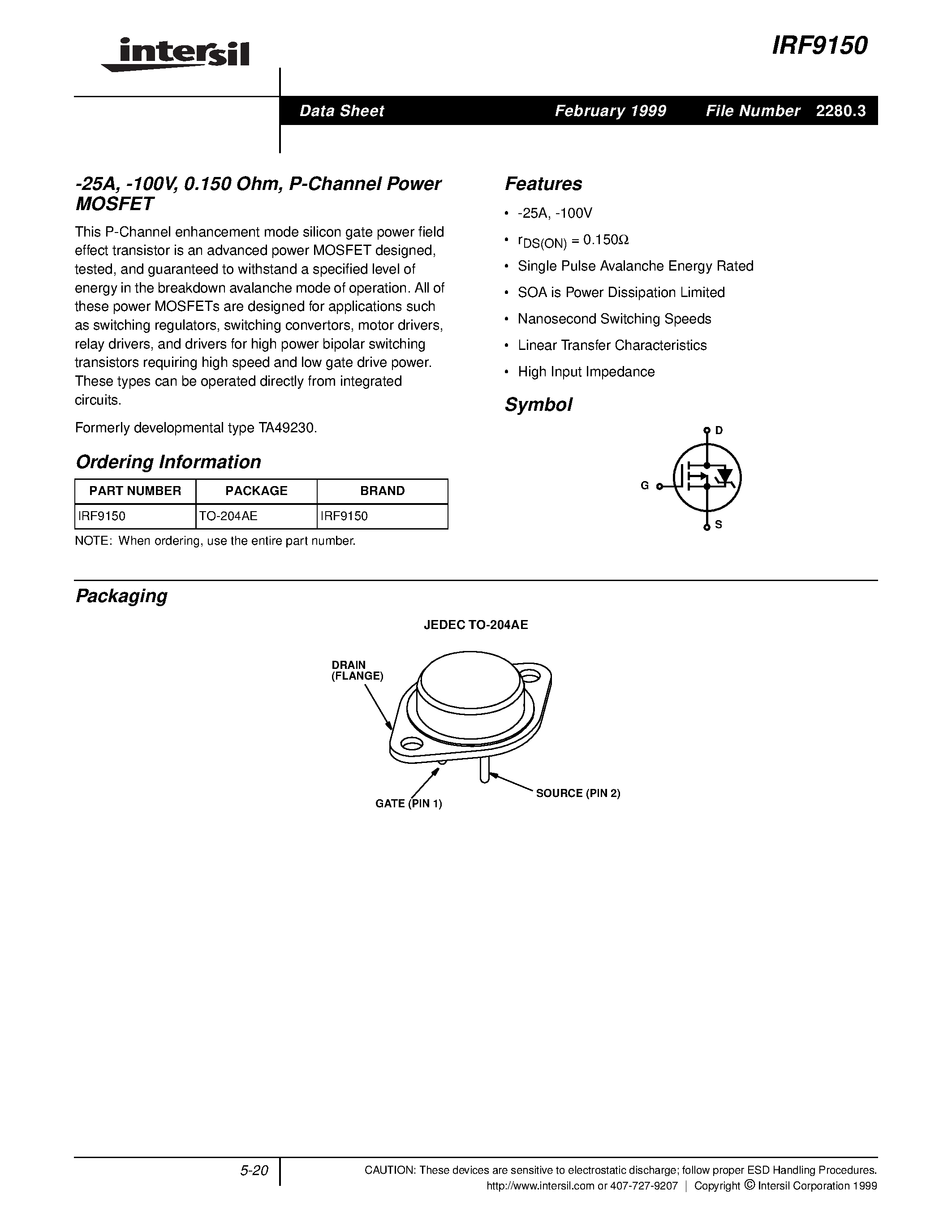 Datasheet IRF9150 - -25A/ -100V/ 0.150 Ohm/ P-Channel Power MOSFET page 1