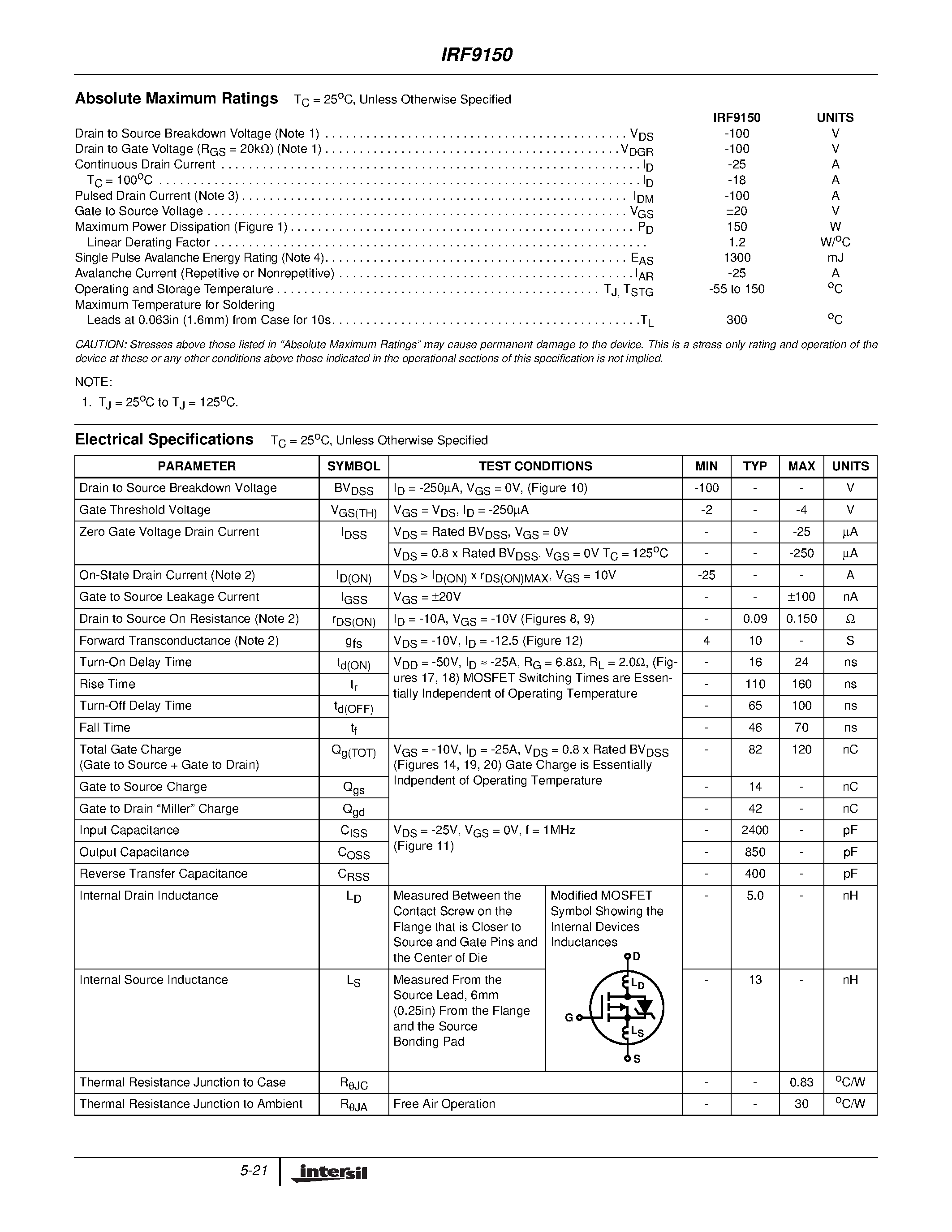 Datasheet IRF9150 - -25A/ -100V/ 0.150 Ohm/ P-Channel Power MOSFET page 2