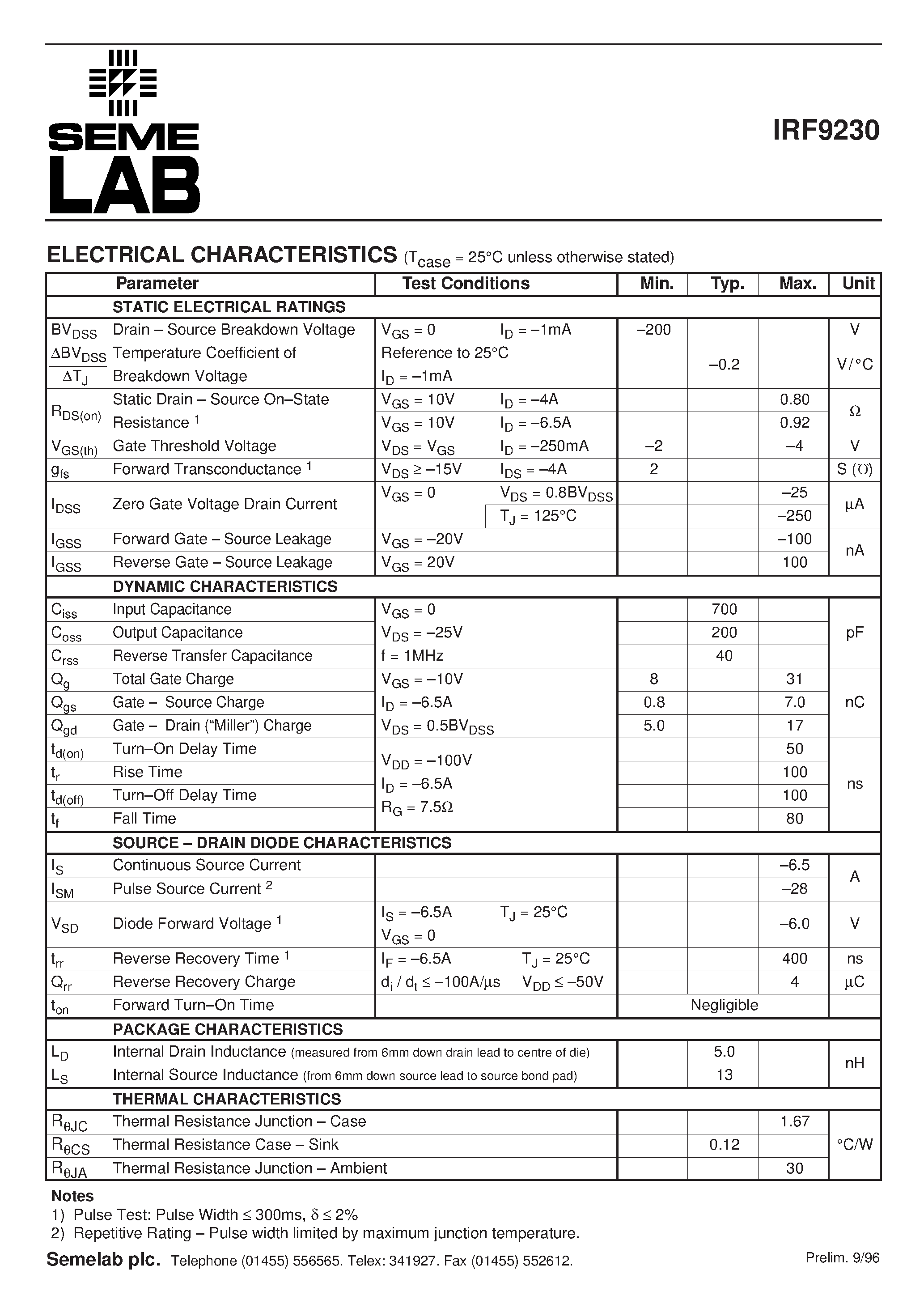Datasheet IRF9230 page 2 Datasheet IRF9230 - P-CHANNEL POWER MOSFET page 2