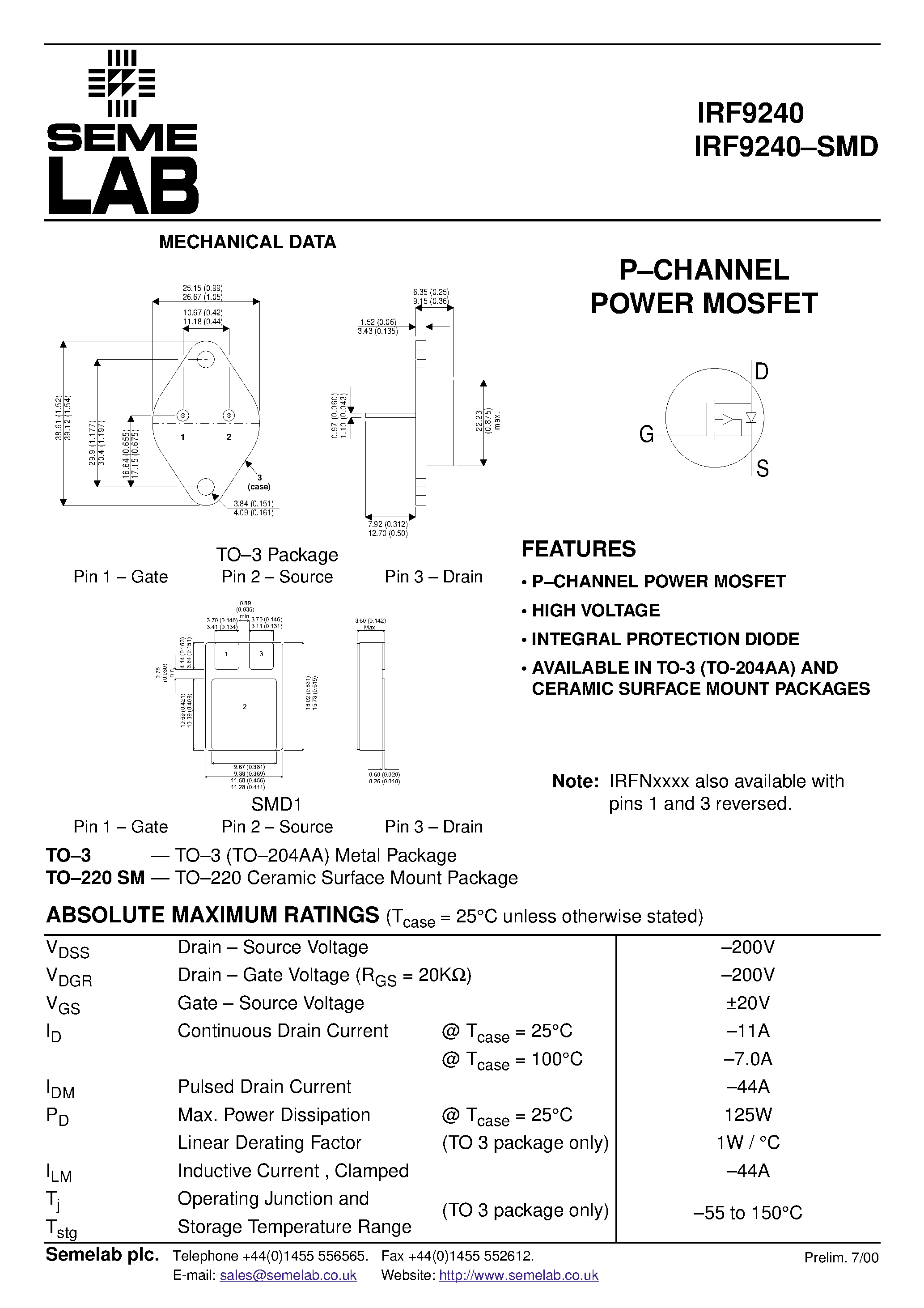 Даташит на микросхему IRF9240 страница 1 Даташит IRF9240 - P-CHANNEL POWER MOSFET страница 1