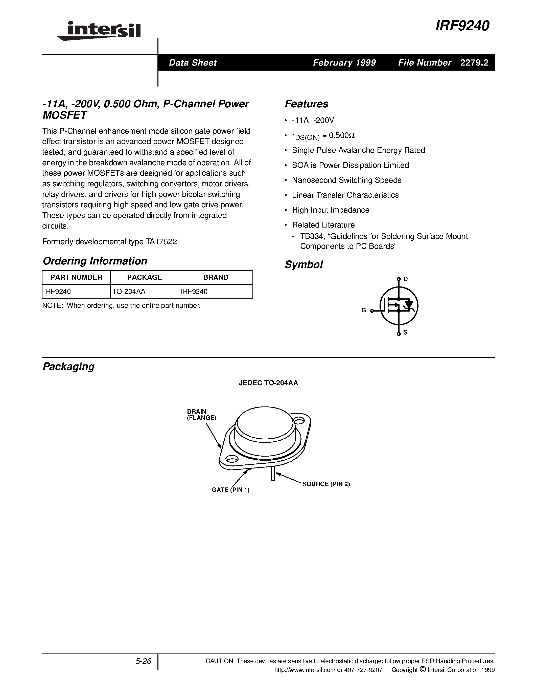 Datasheet IRF9240 page 1 Datasheet IRF9240 - -11A/ -200V/ 0.500 Ohm/ P-Channel Power MOSFET page 1