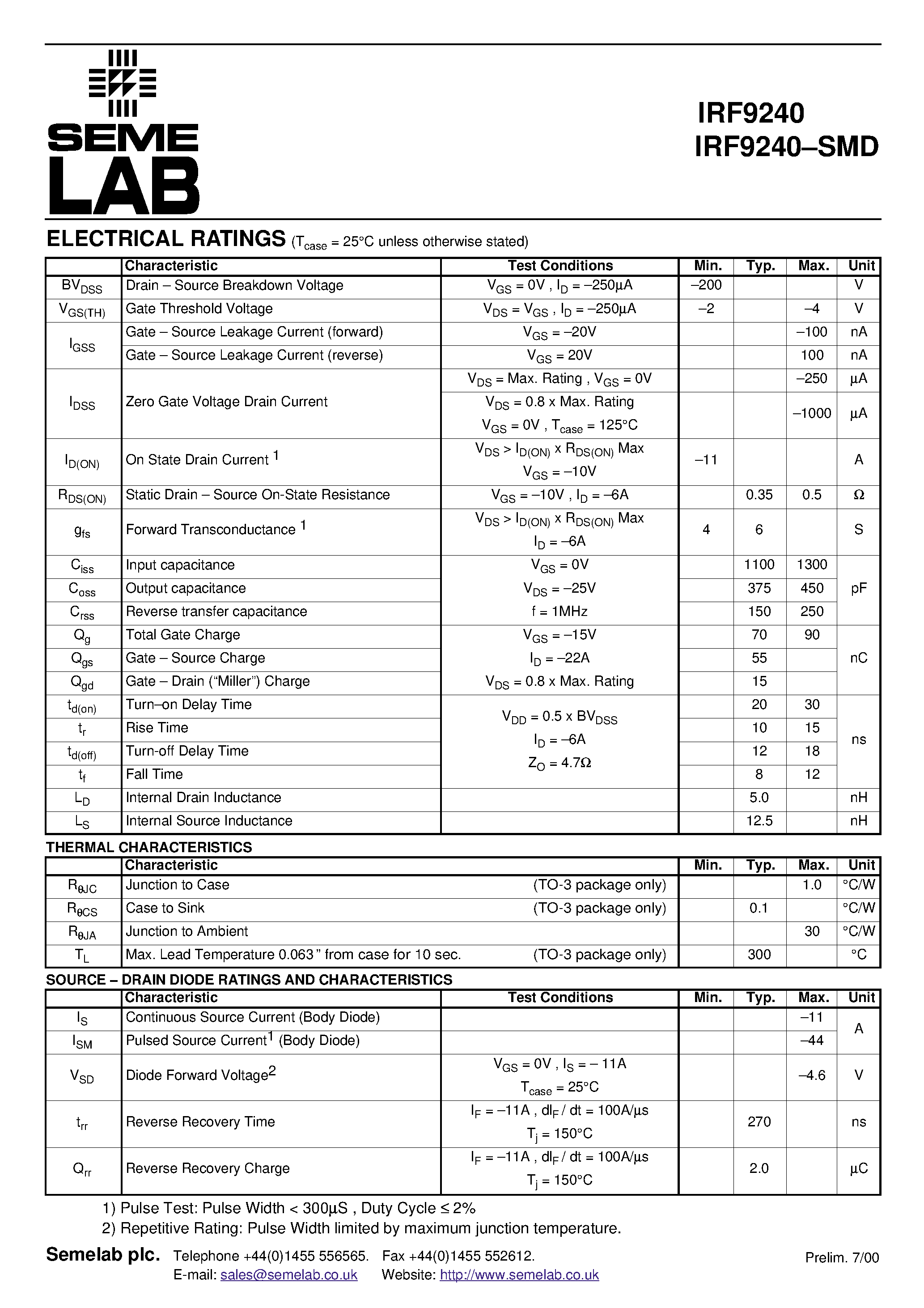 Datasheet IRF9240-SMD - P-CHANNEL POWER MOSFET page 2