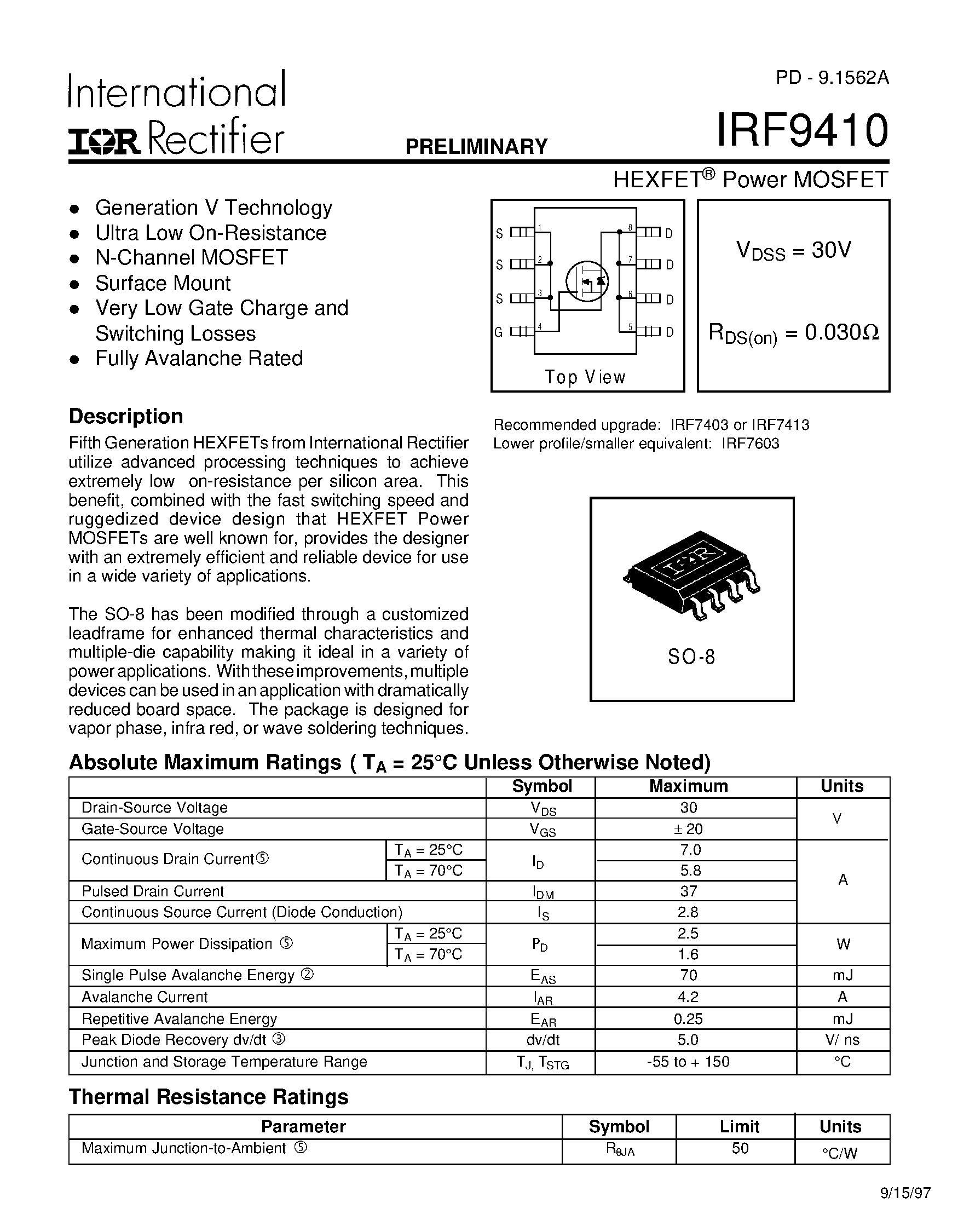 Datasheet IRF9410 - Power MOSFET(Vdss=30V/ Rds(on)=0.030ohm) page 1
