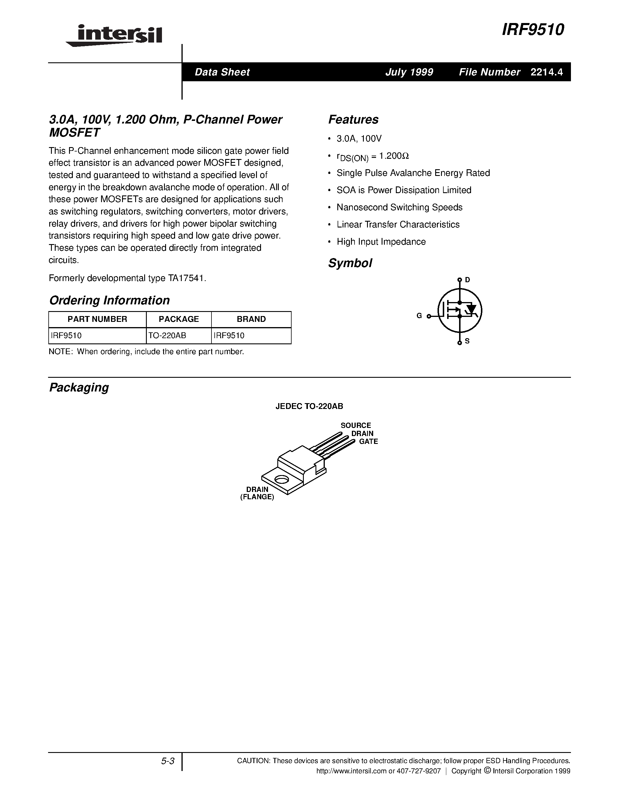 Datasheet IRF9510 - 3.0A/ 100V/ 1.200 Ohm/ P-Channel Power MOSFET page 1