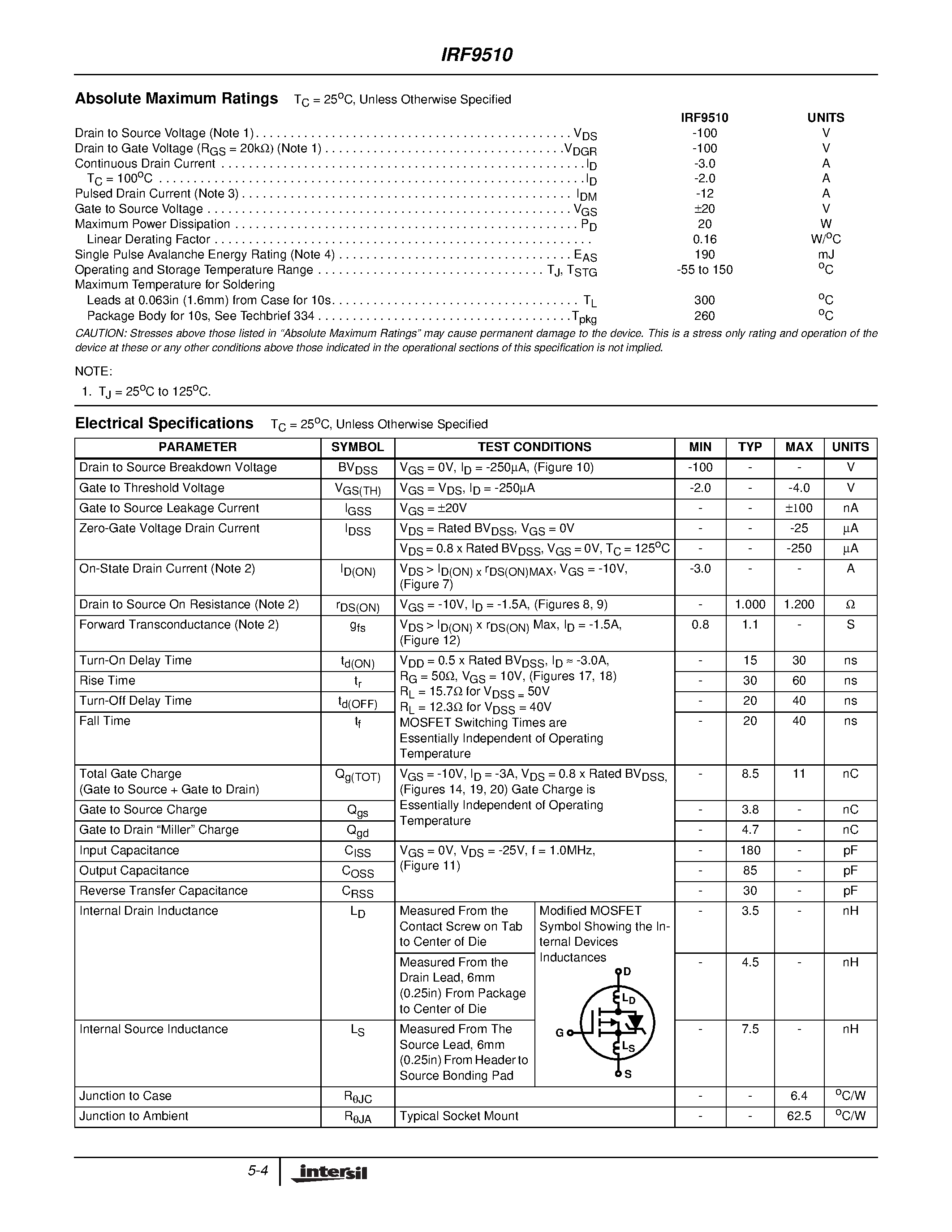 Datasheet IRF9510 - 3.0A/ 100V/ 1.200 Ohm/ P-Channel Power MOSFET page 2