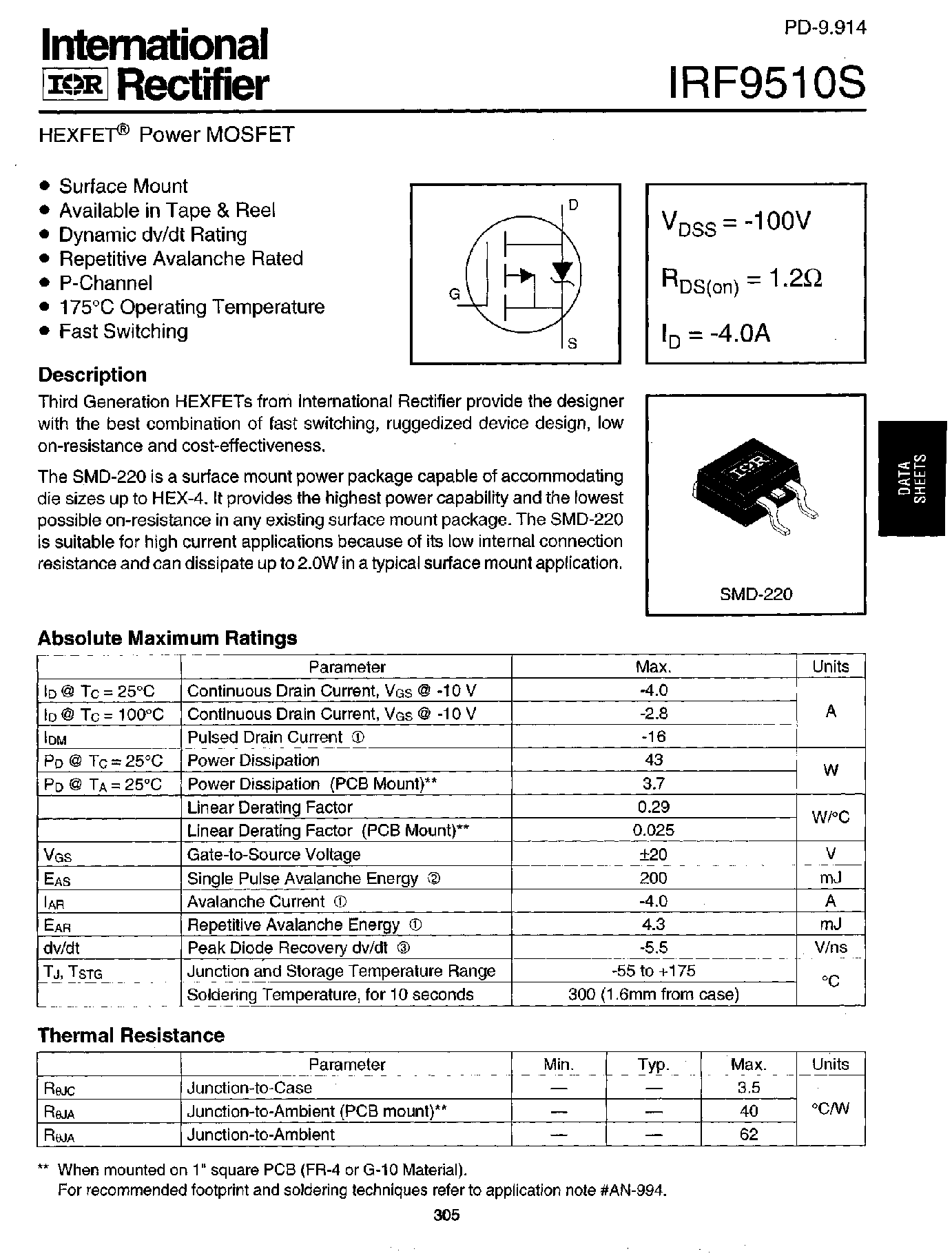 Даташит IRF9510S - Power MOSFET(Vdss=-100V/ Rds(on)=1.2ohm/ Id=-4.0A) страница 1