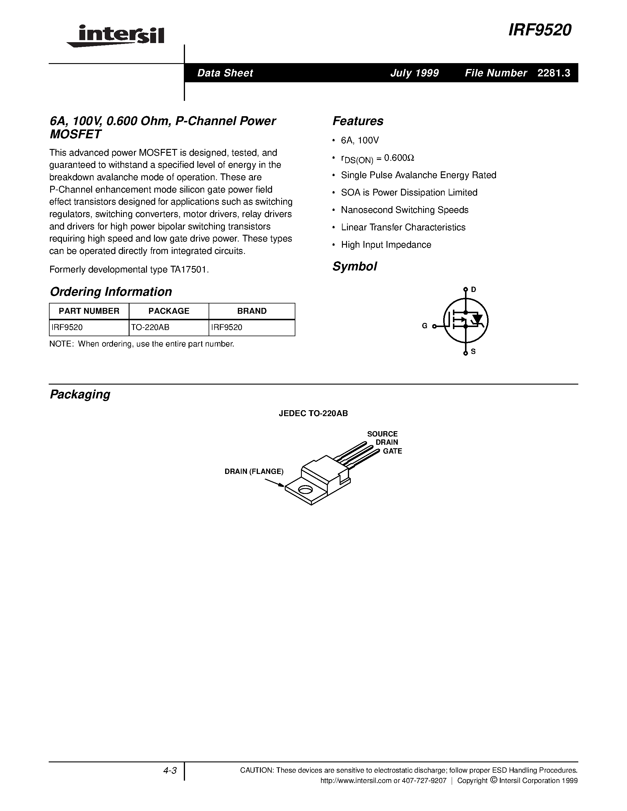 Datasheet IRF9520 - 6A/ 100V/ 0.600 Ohm/ P-Channel Power MOSFET page 1