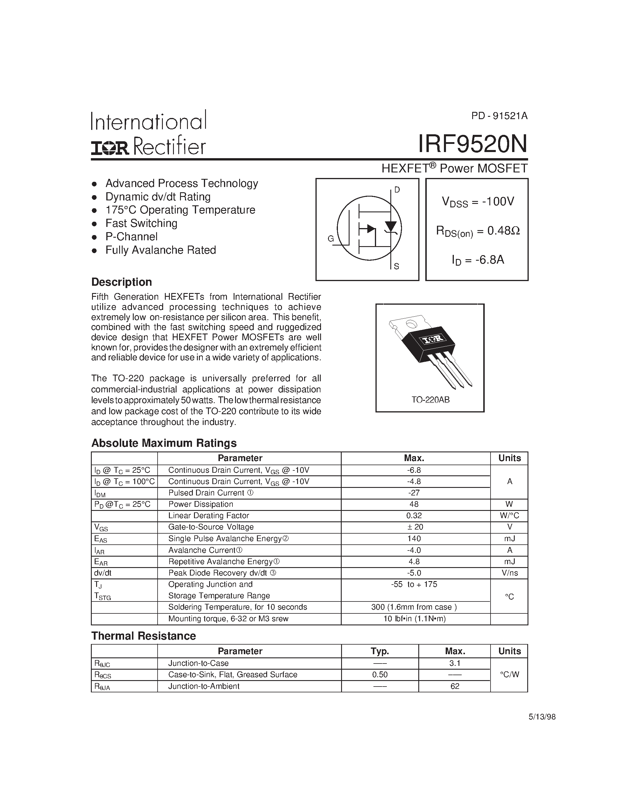 Datasheet IRF9520N - Power MOSFET(Vdss=-100V/ Rds(on)=0.48ohm/ Id=-6.8A) page 1