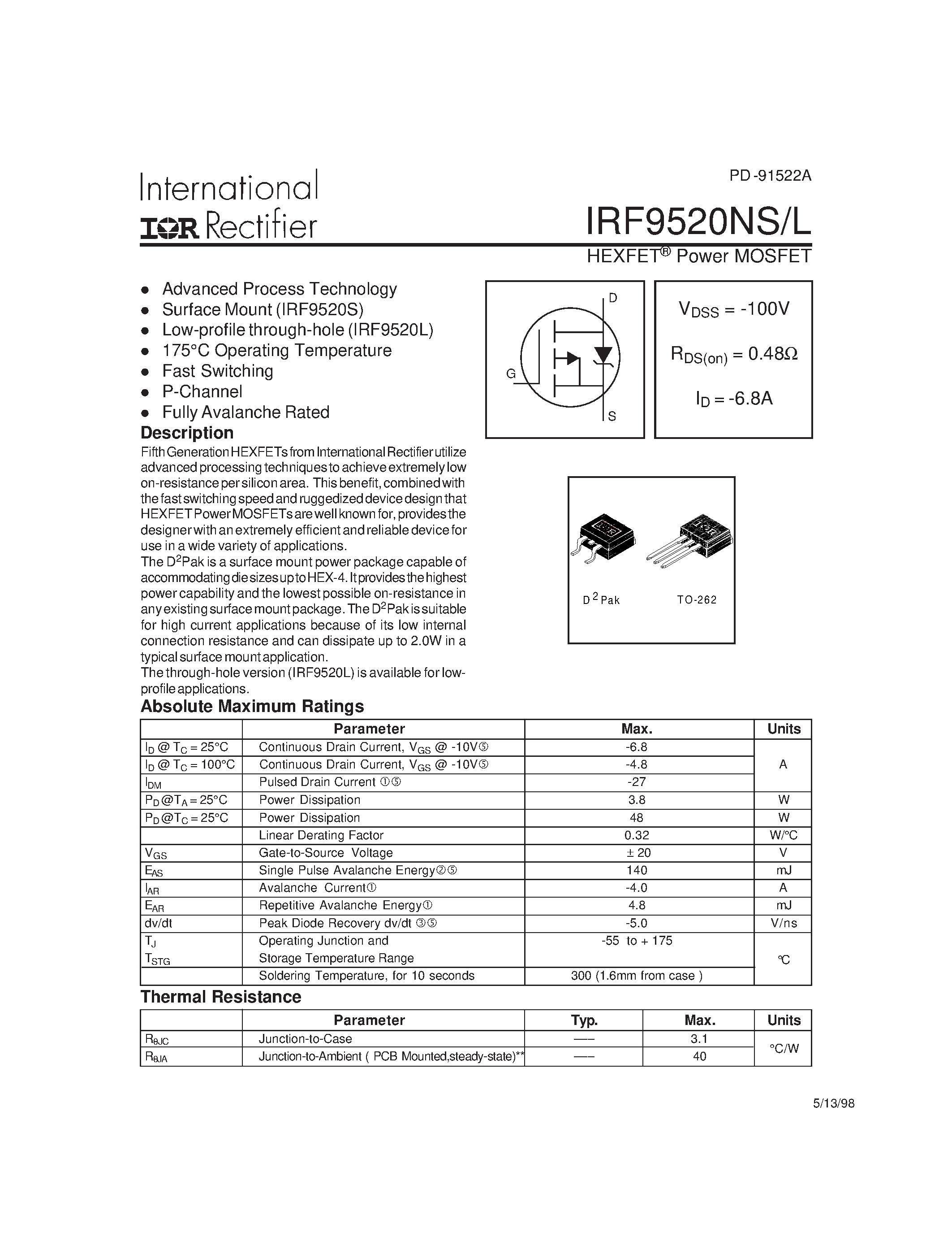 Datasheet IRF9520NL page 1 Datasheet IRF9520NL - Power MOSFET(Vdss=-100V/ Rds(on)=0.48ohm/ Id=-6.8A) page 1