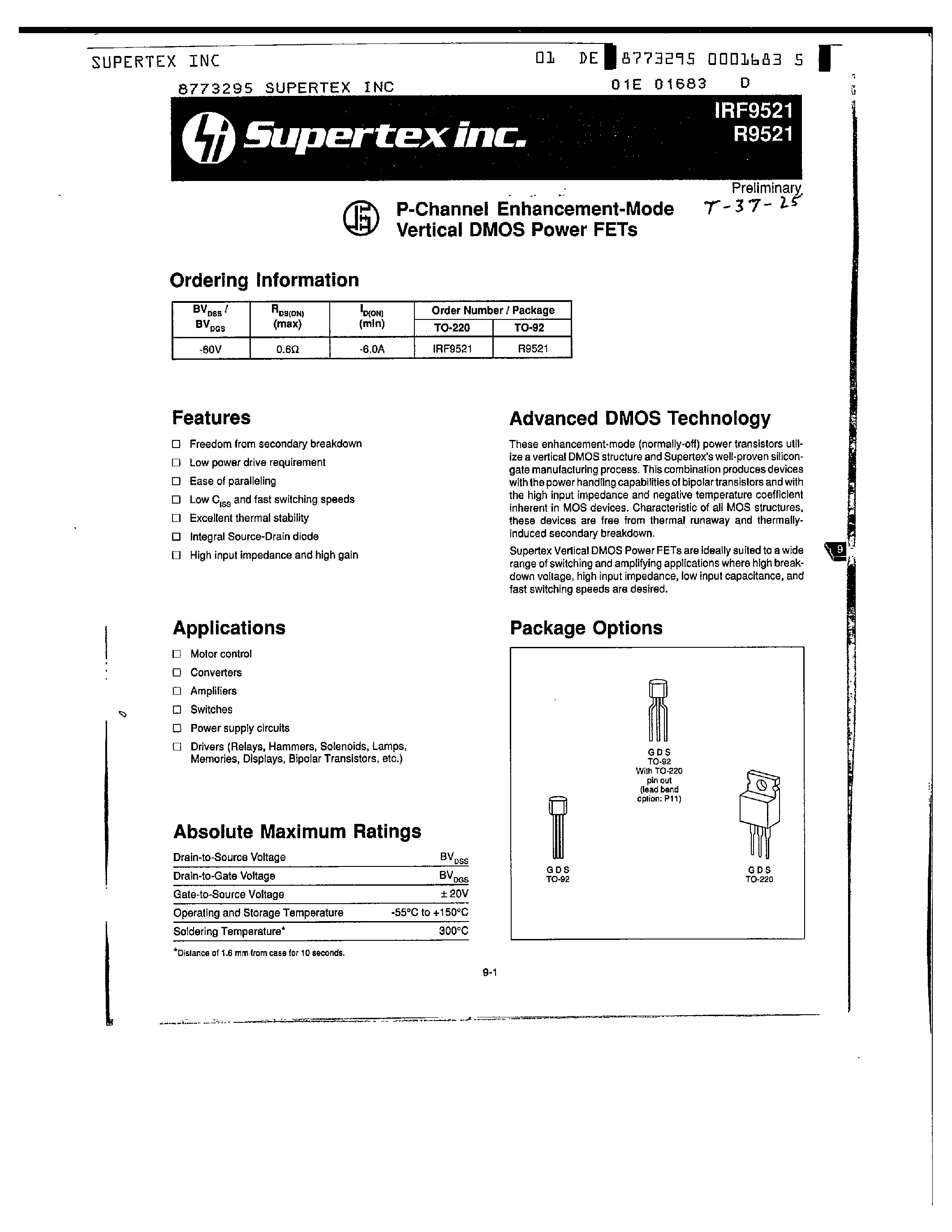 Datasheet IRF9521 - P-Channel Enhancement-Mode Vertical DMOS Power FETs page 1