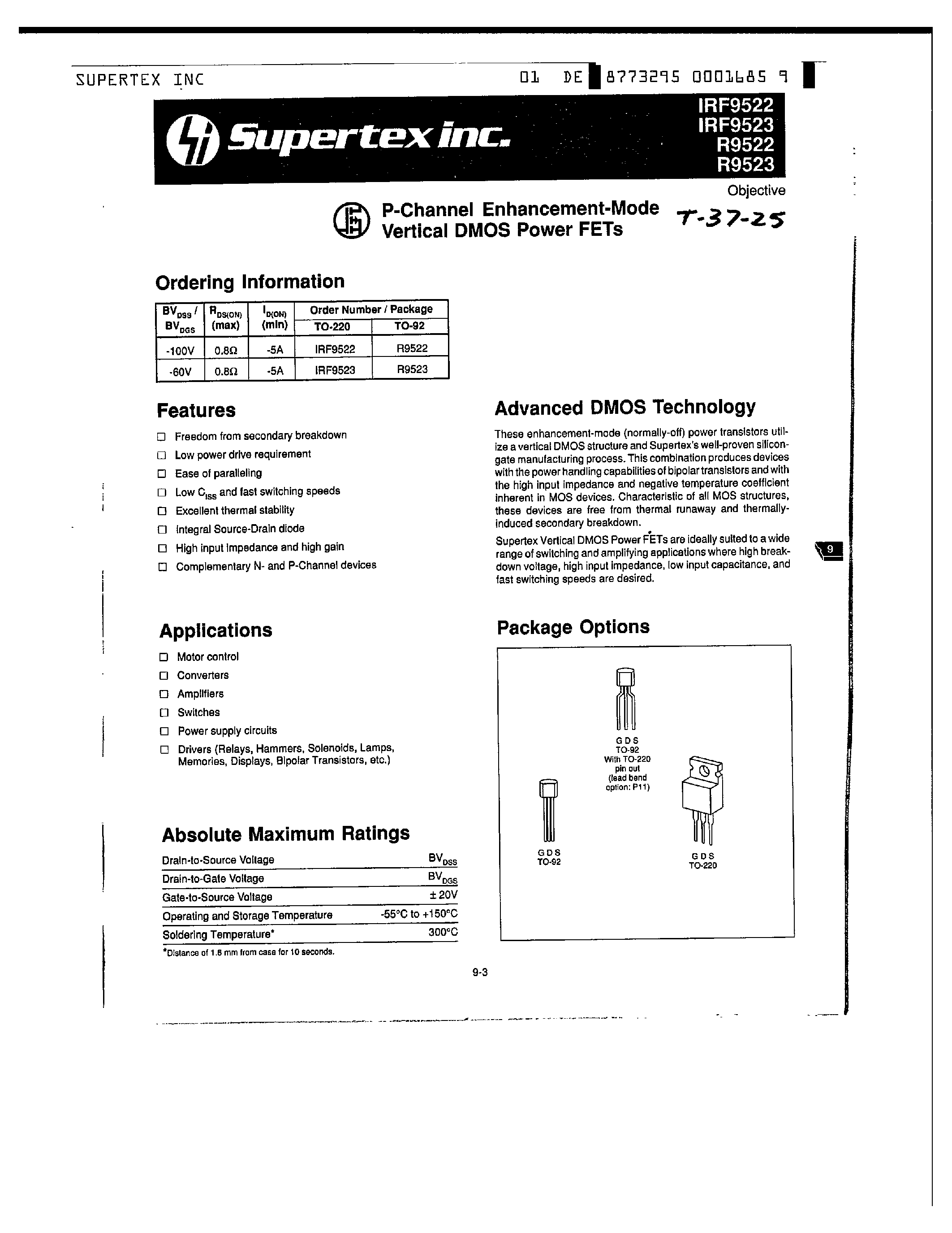 Datasheet IRF9523 page 1 Datasheet IRF9523 - P-Channel Enhancement-Mode Vertical DMOS Power FETs page 1