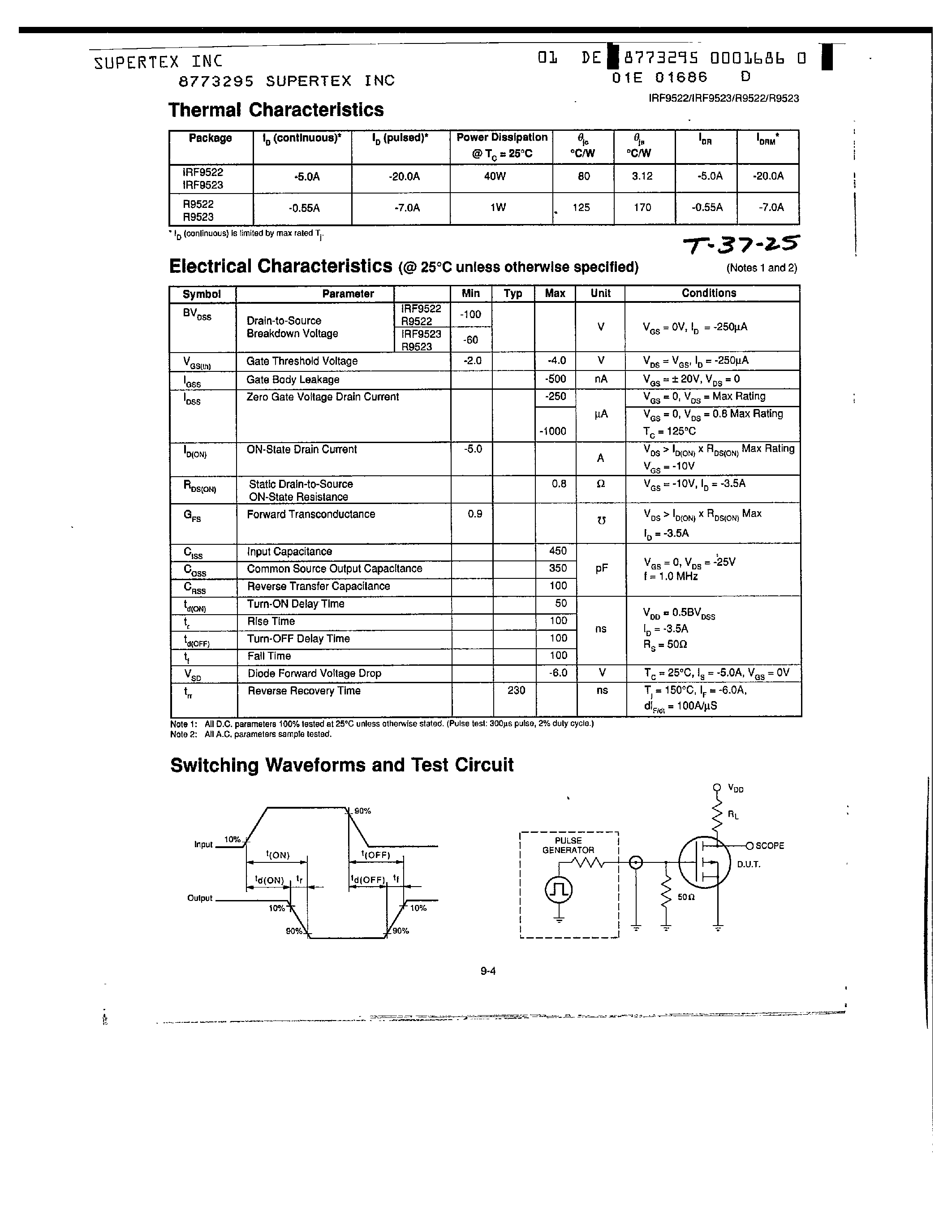 Datasheet IRF9523 page 2 Datasheet IRF9523 - P-Channel Enhancement-Mode Vertical DMOS Power FETs page 2
