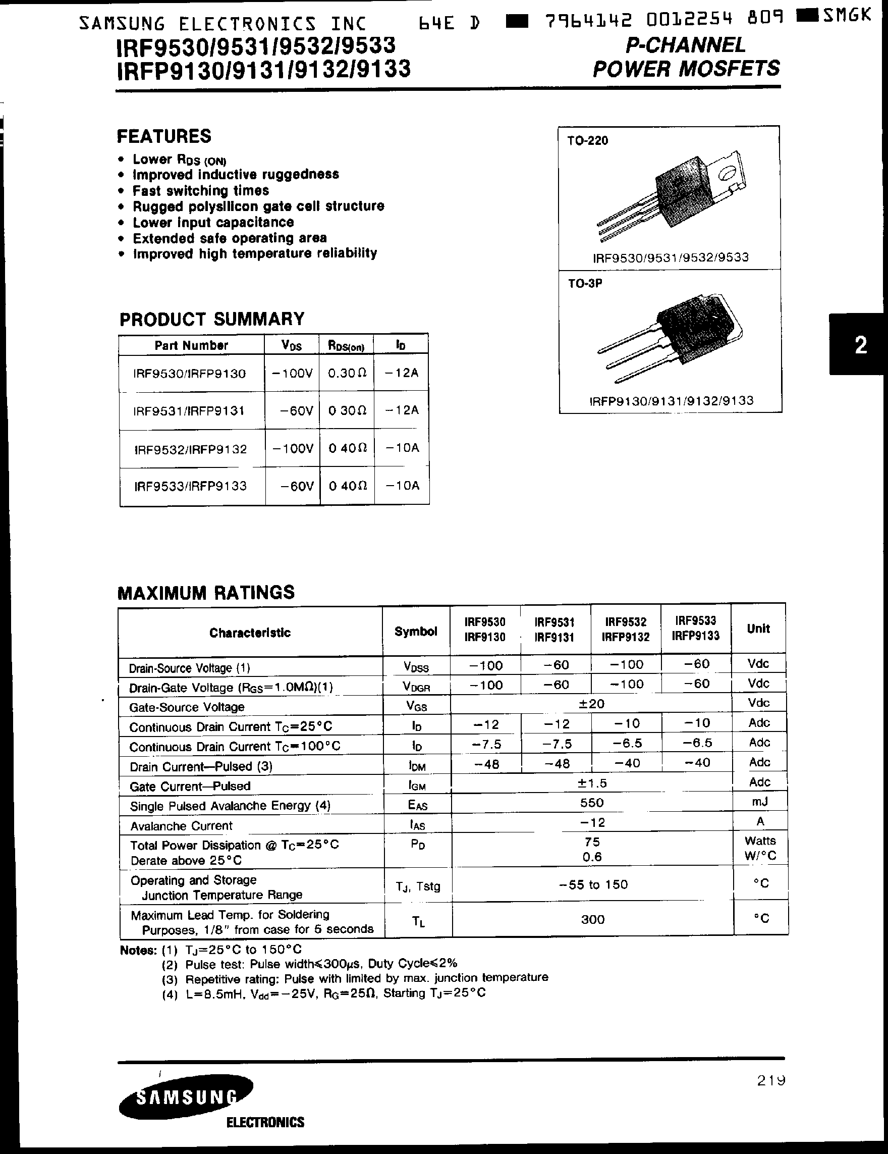 Даташит IRF9530 - P-CHANNEL POWER MOSFETS страница 1