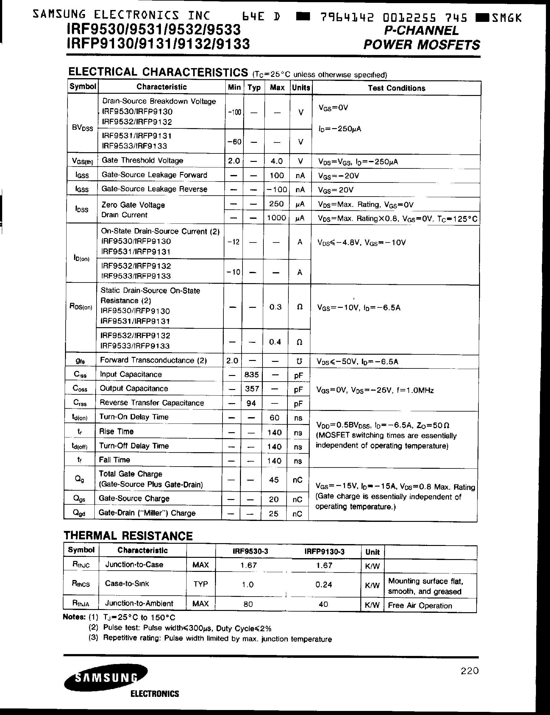 Даташит IRF9530 - P-CHANNEL POWER MOSFETS страница 2