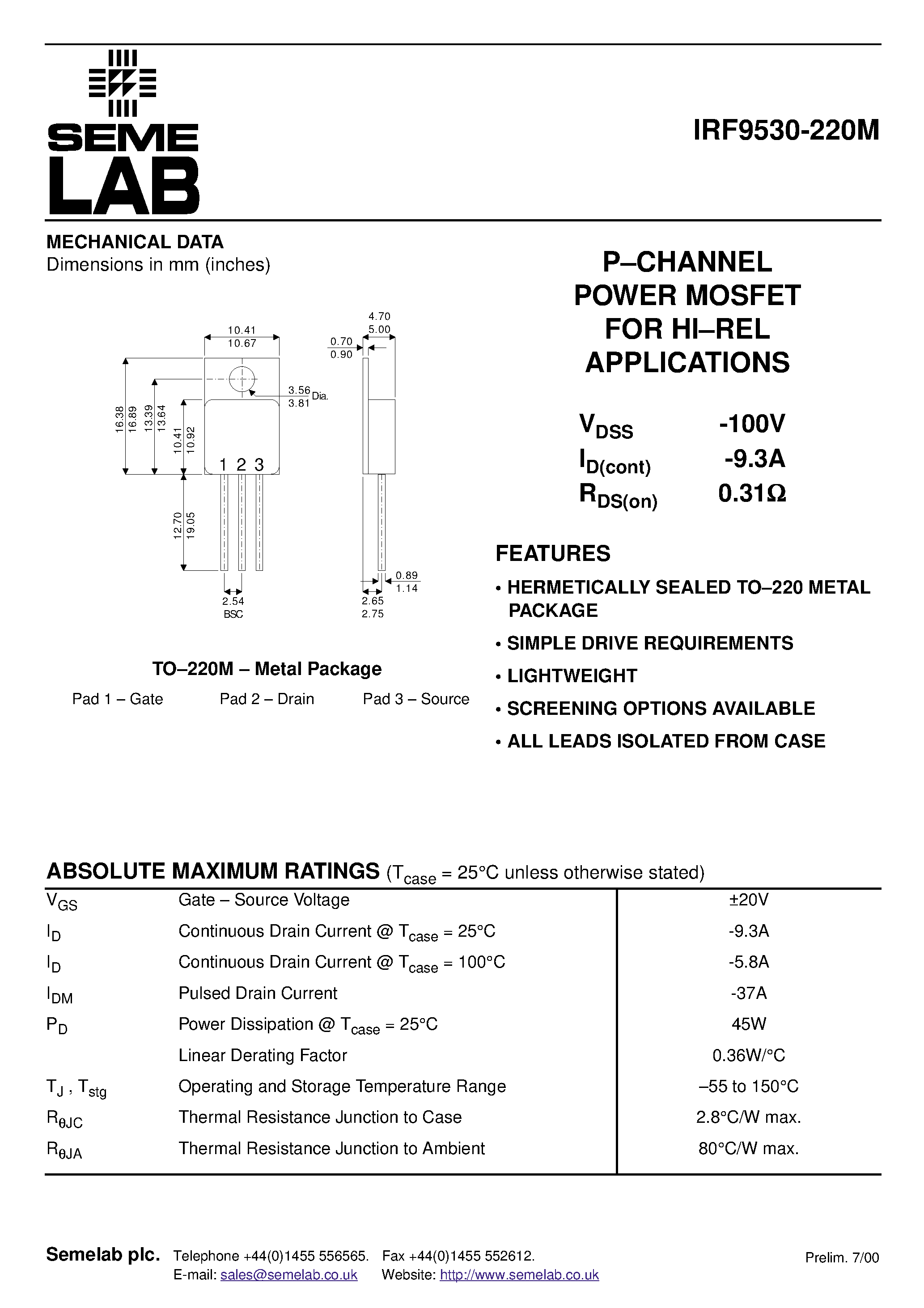 Datasheet IRF9530-220M - P-CHANNEL POWER MOSFET FOR HI.REL APPLICATIONS page 1