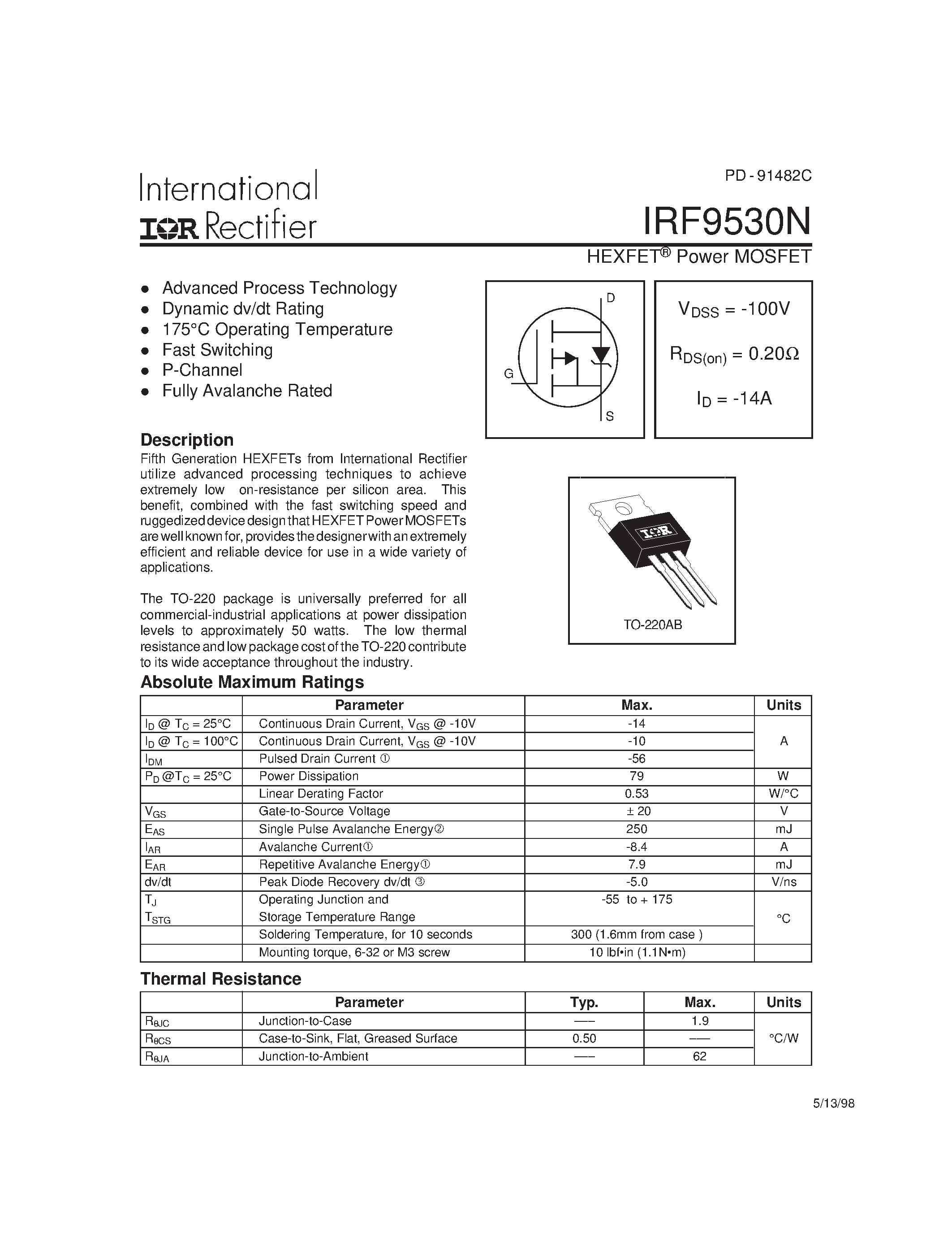 Datasheet IRF9530N - Power MOSFET(Vdss=-100V/ Rds(on)=0.20ohm/ Id=-14A) page 1