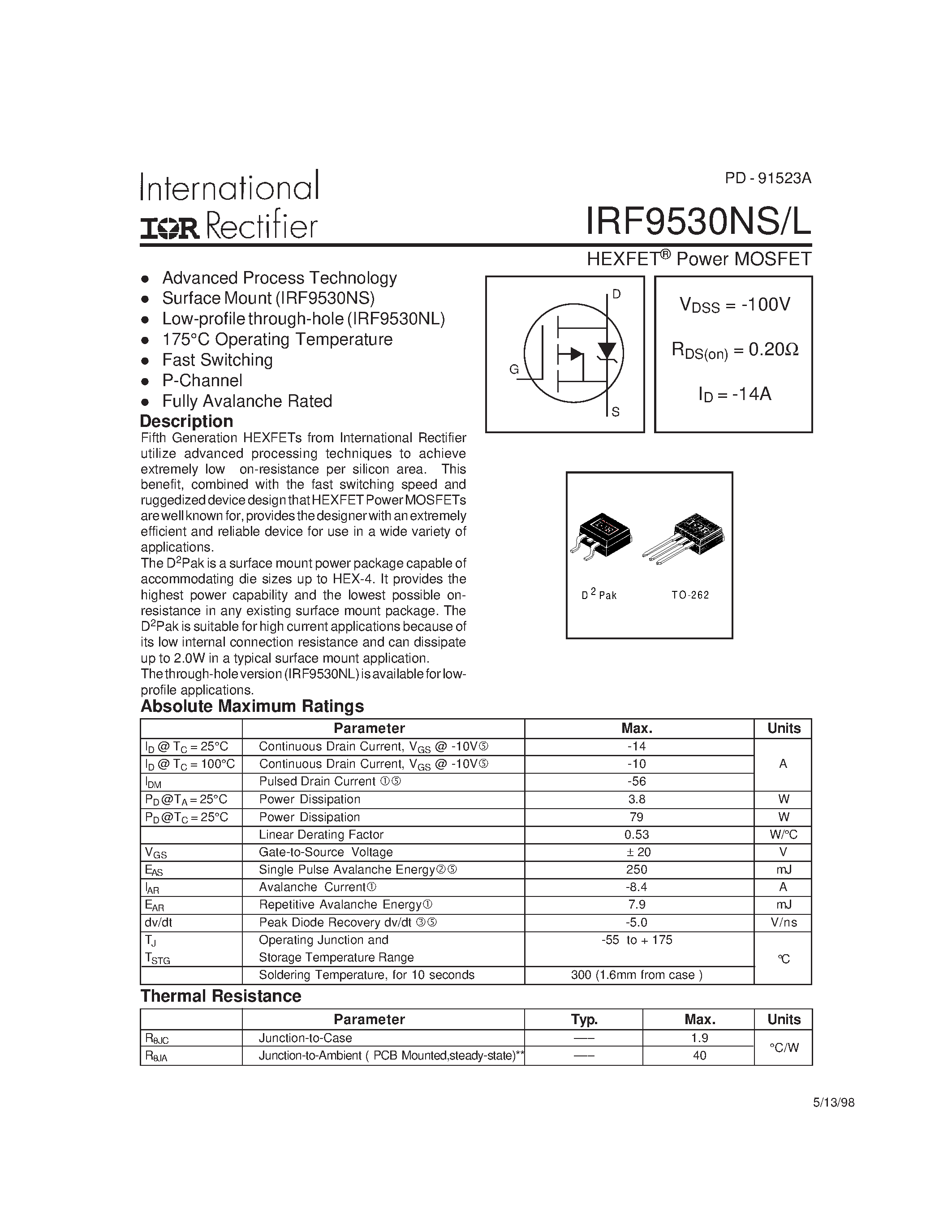 Datasheet IRF9530NS - Power MOSFET(Vdss=-100V/ Rds(on)=0.20ohm/ Id=-14A) page 1