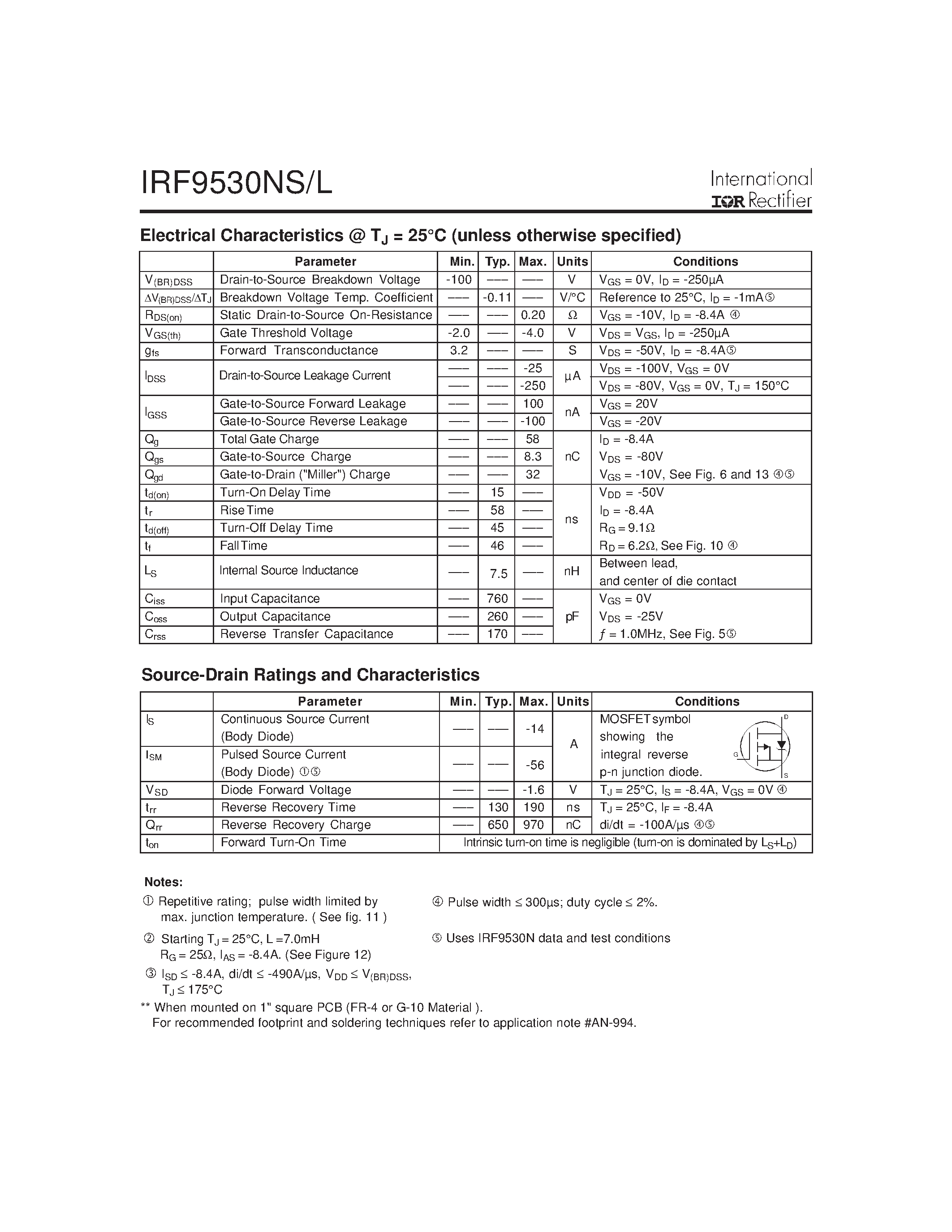 Datasheet IRF9530NSTRR - Power MOSFET(Vdss=-100V/ Rds(on)=0.20ohm/ Id=-14A) page 2