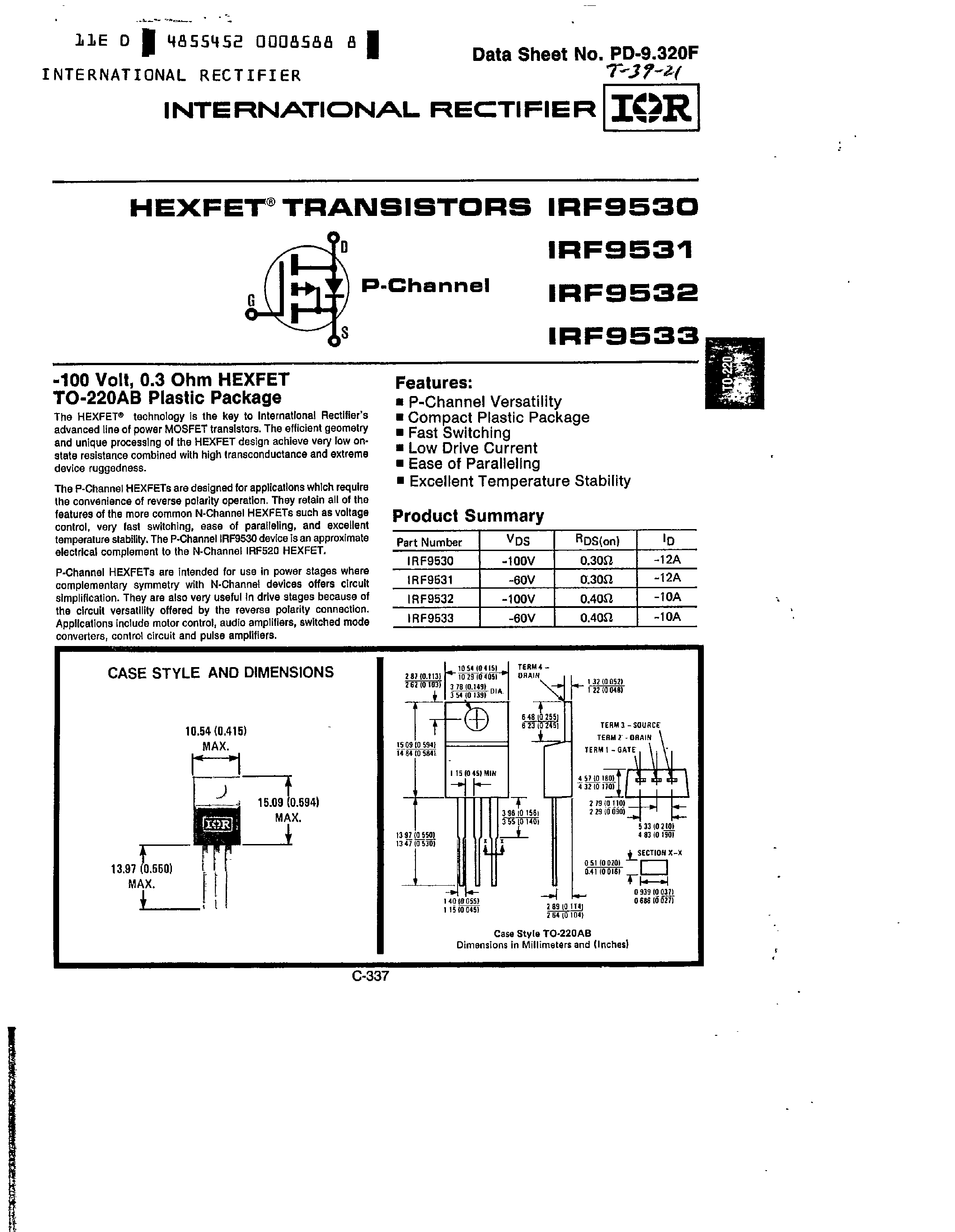 Datasheet IRF9531 - TRANSISTORS page 1