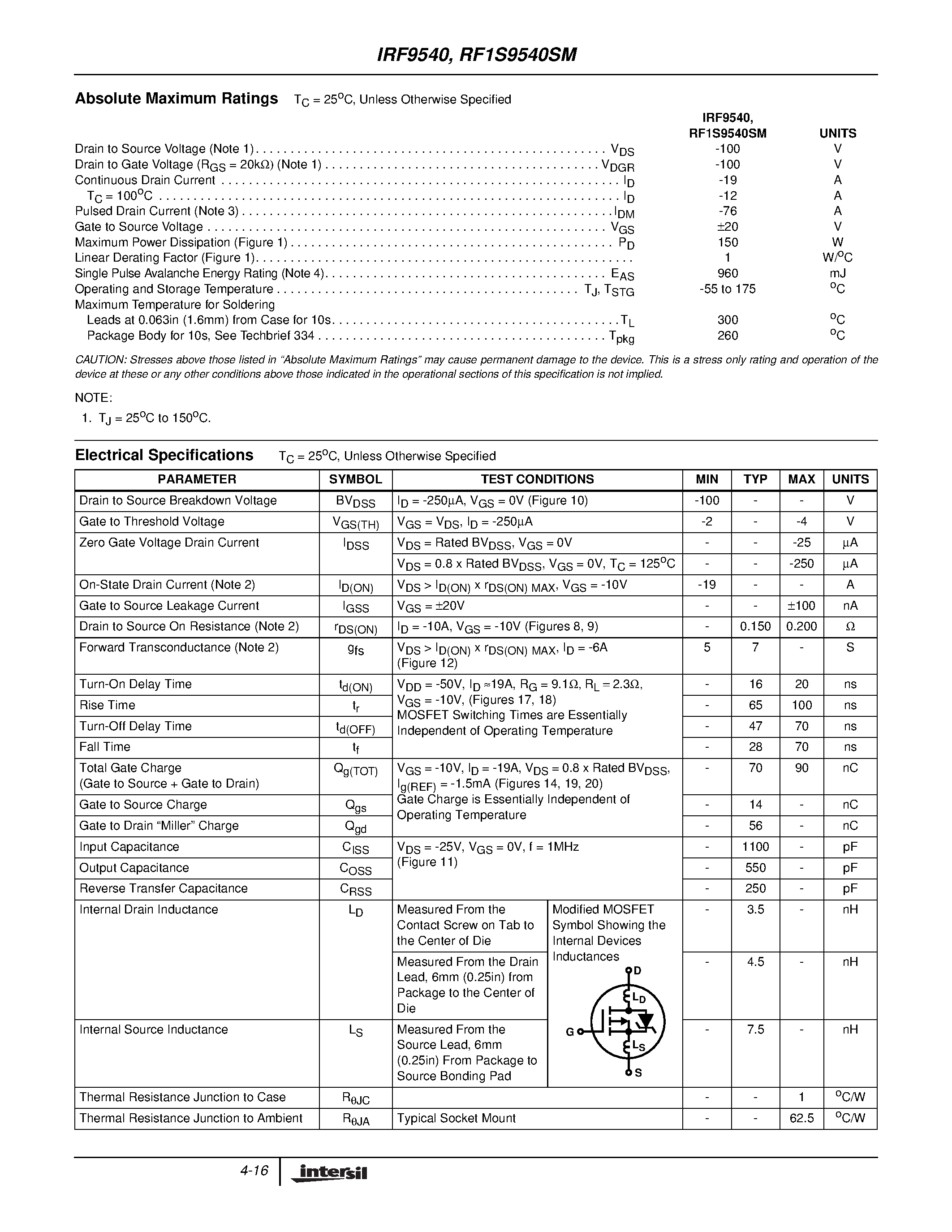 Datasheet IRF9540 page 2 Datasheet IRF9540 - 19A/ 100V/ 0.200 Ohm/ P-Channel Power MOSFETs page 2