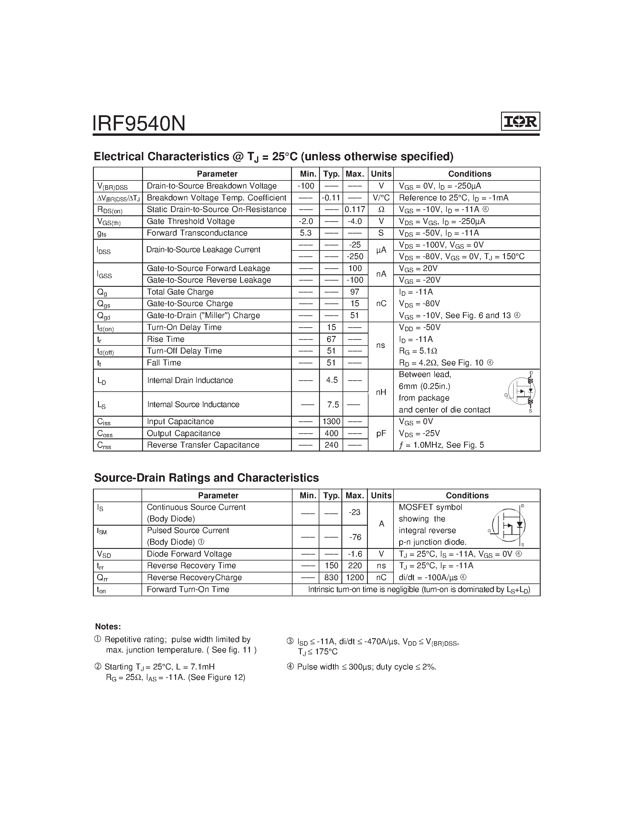 Datasheet IRF9540N - Power MOSFET(Vdss=-100V/ Rds(on)=0.117ohm/ Id=-23A) page 2