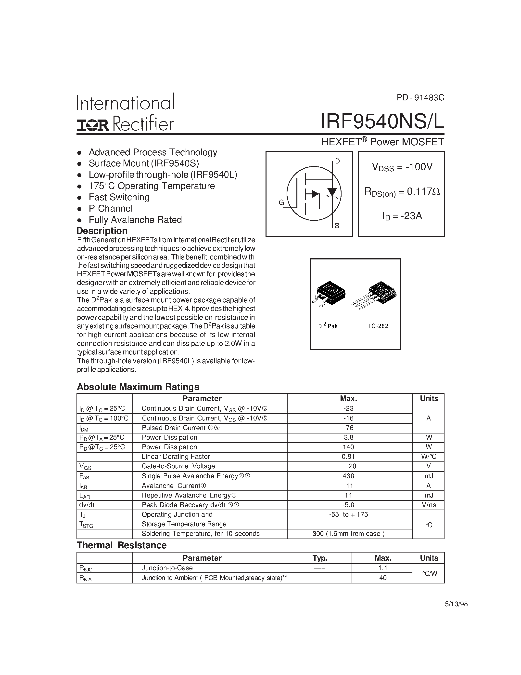 Datasheet IRF9540NL - Power MOSFET(Vdss=-100V/ Rds(on)=0.117ohm/ Id=-23A) page 1