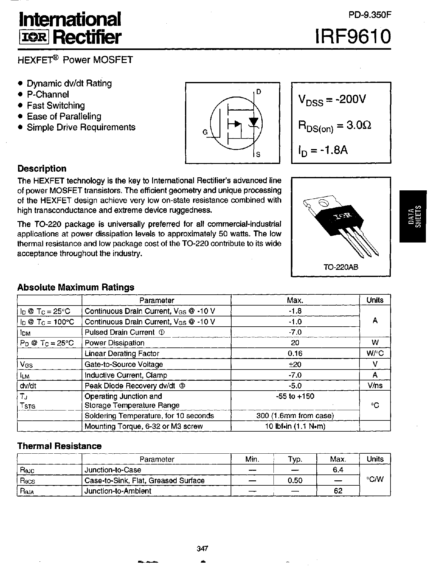 Datasheet IRF9610 - Power MOSFET(Vdss=-200V/ Rds(on)=3.0ohm/ Id=-1.8A) page 1