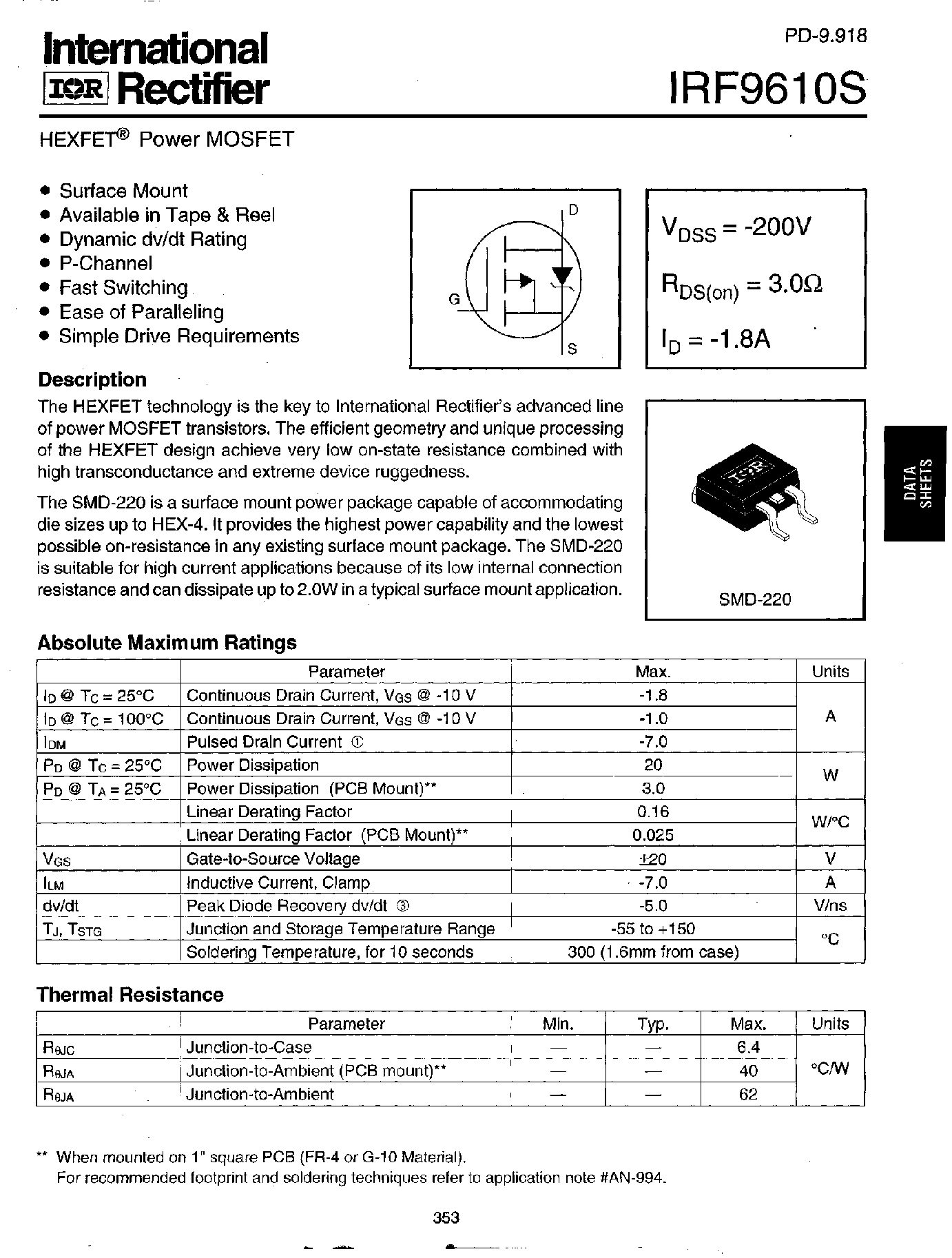 Datasheet IRF9610S - Power MOSFET(Vdss=-200V/ Rds(on)=3.0ohm/ Id=-1.8A) page 1