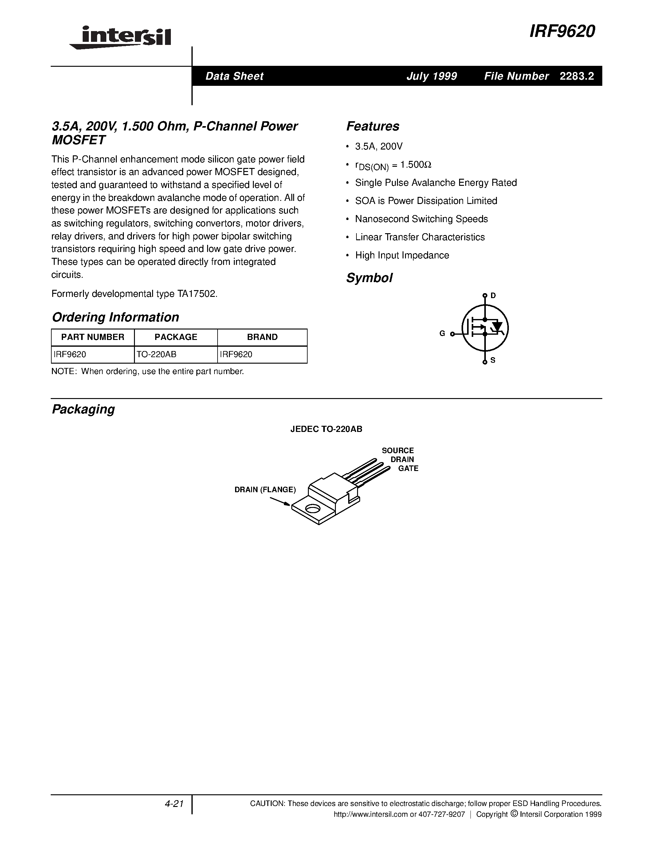 Datasheet IRF9620 - 3.5A/ 200V/ 1.500 Ohm/ P-Channel Power MOSFET page 1