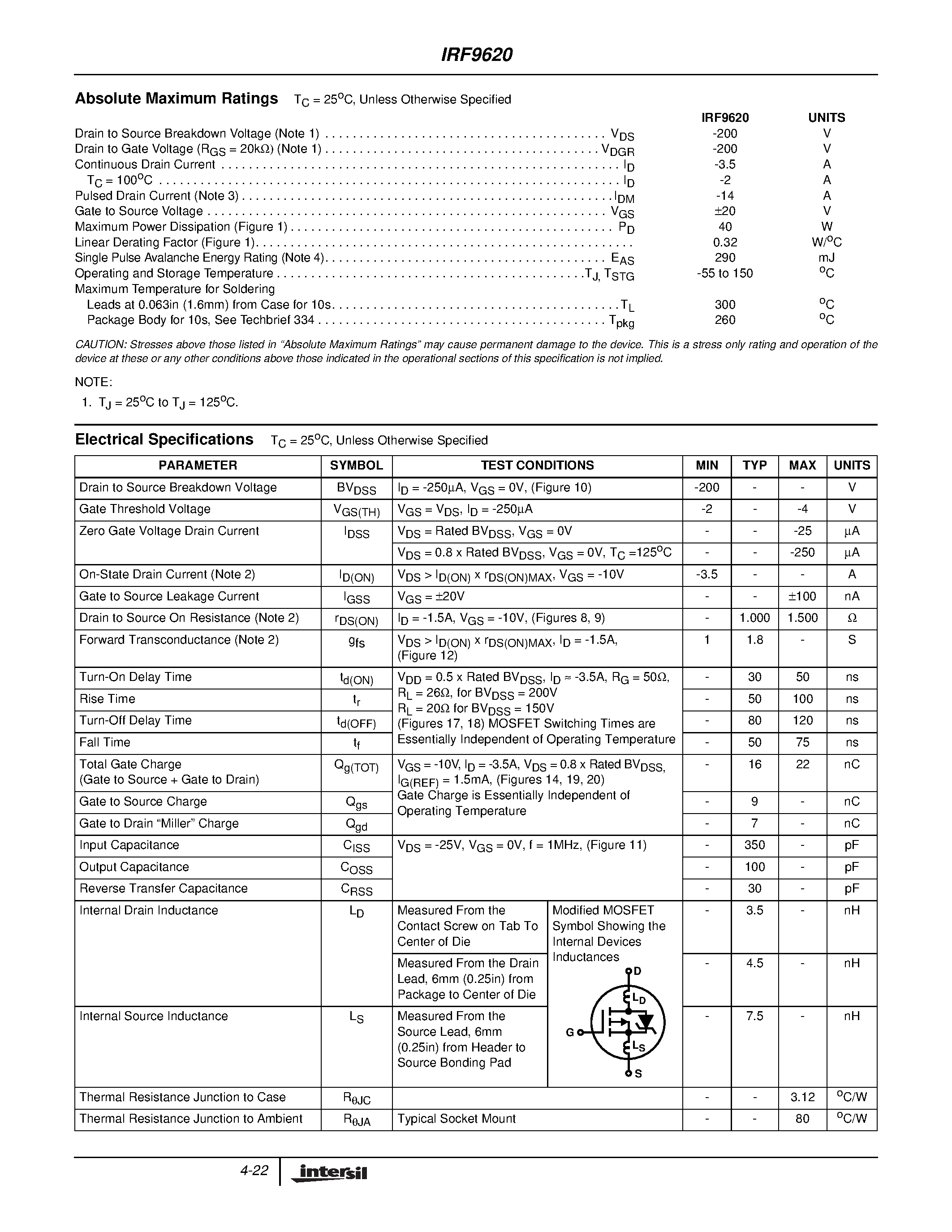 Datasheet IRF9620 - 3.5A/ 200V/ 1.500 Ohm/ P-Channel Power MOSFET page 2