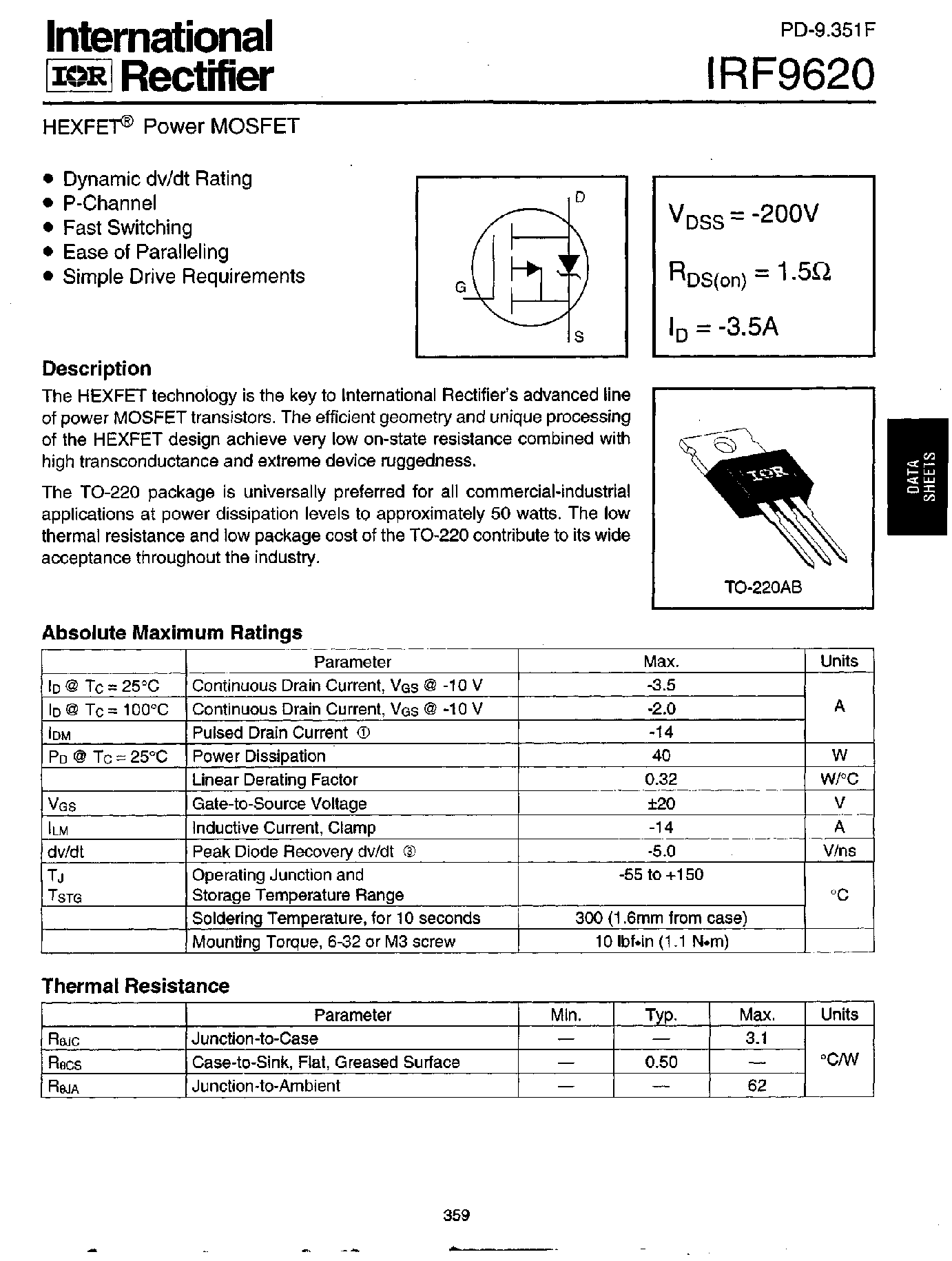 Datasheet IRF9620 - Power MOSFET(Vdss=-200V/ Rds(on)=1.5ohm/ Id=-3.5A) page 1