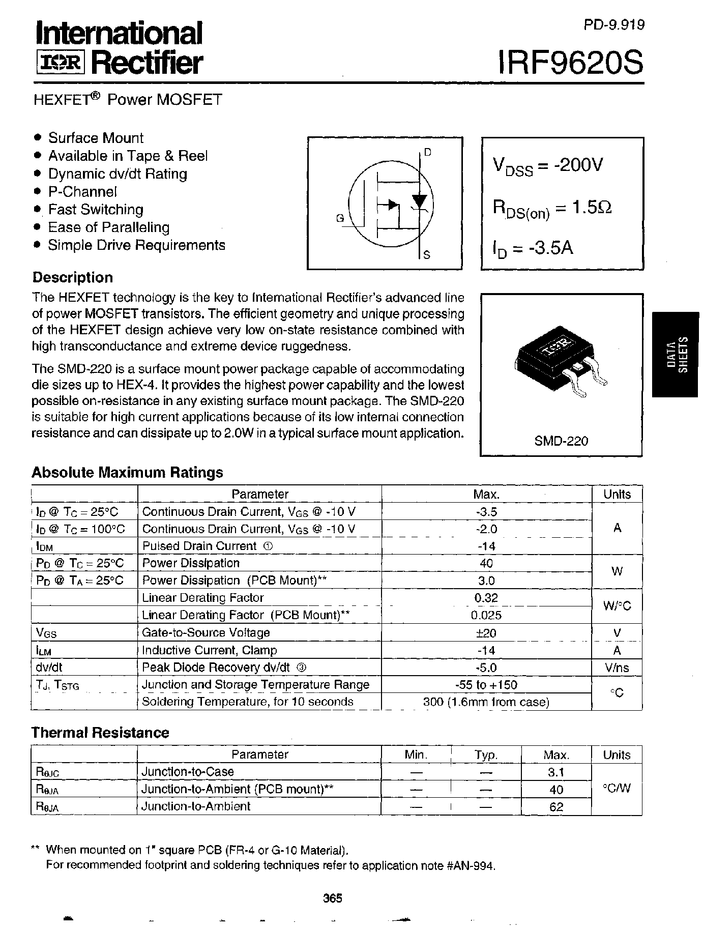 Datasheet IRF9620S - Power MOSFET(Vdss=-200V/ Rds(on)=1.5ohm/ Id=-3.5A) page 1
