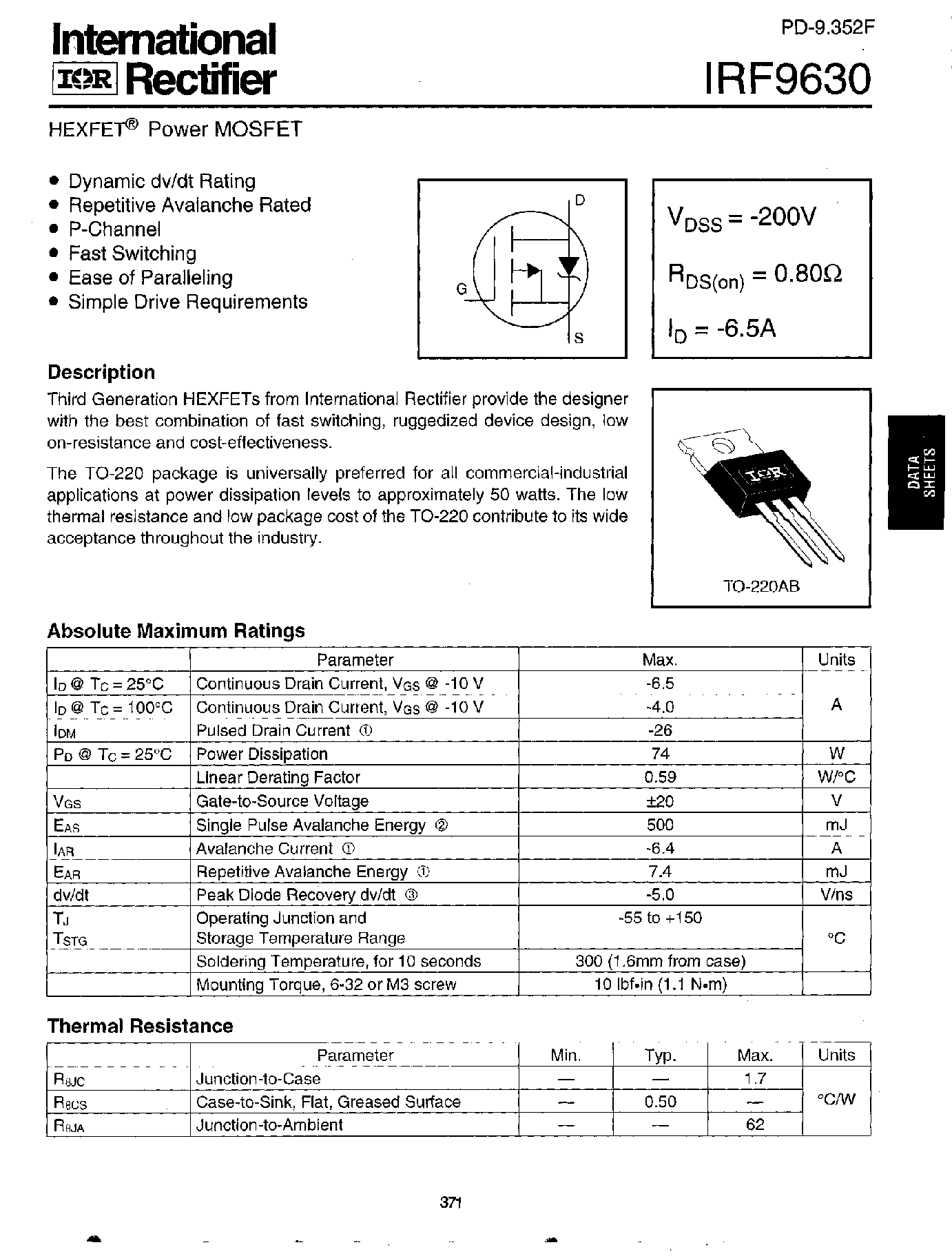 Datasheet IRF9630 page 1 Datasheet IRF9630 - Power MOSFET(Vdss=-200V/ Rds(on)=0.80ohm/ Id=-6.5A) page 1