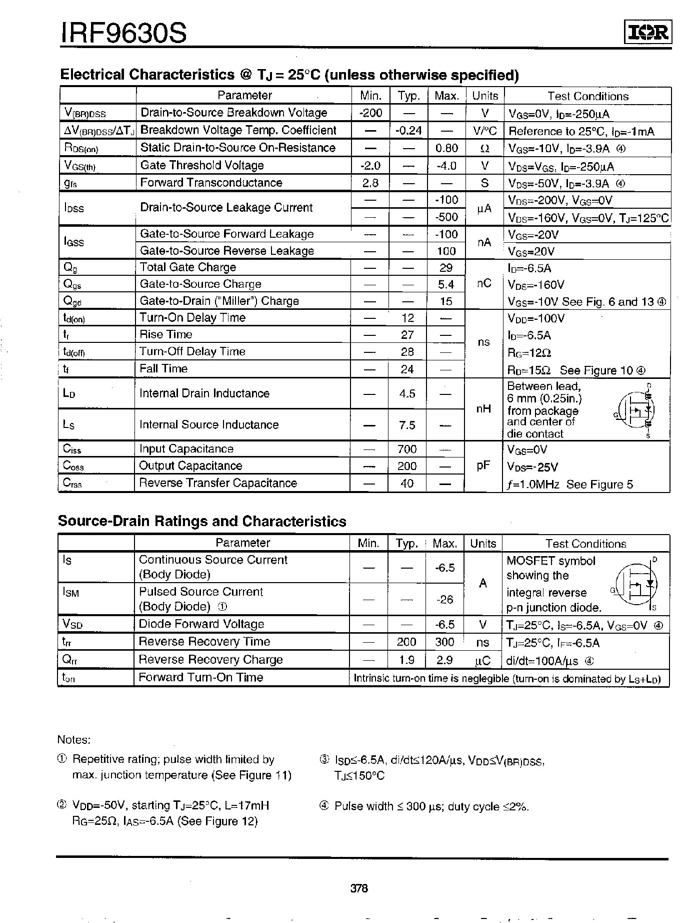 Datasheet IRF9630S page 2 Datasheet IRF9630S - Power MOSFET(Vdss=-200V/ Rds(on)=0.80ohm/ Id=-6.5A) page 2