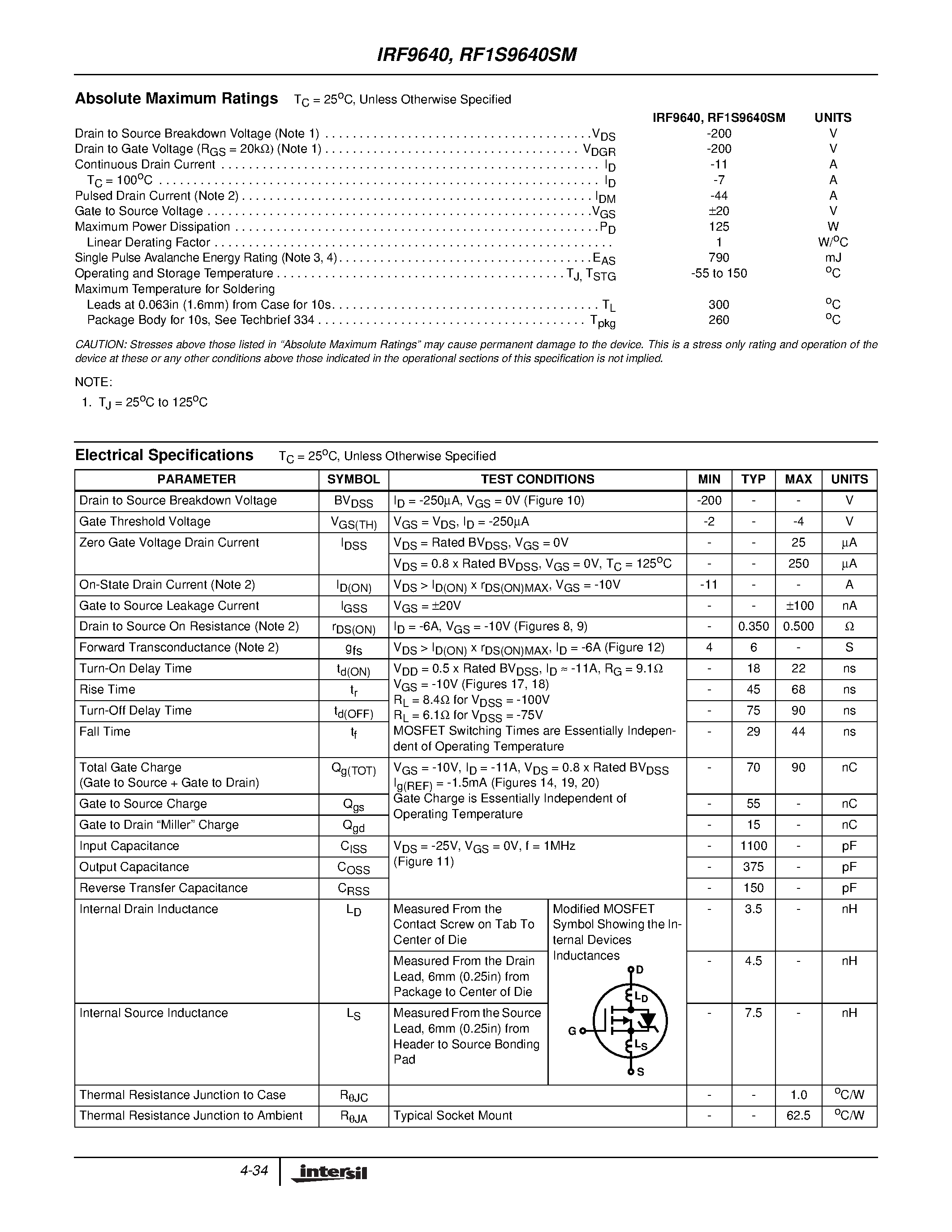 Datasheet IRF9640 - 11A/ 200V/ 0.500 Ohm/ P-Channel Power MOSFETs page 2