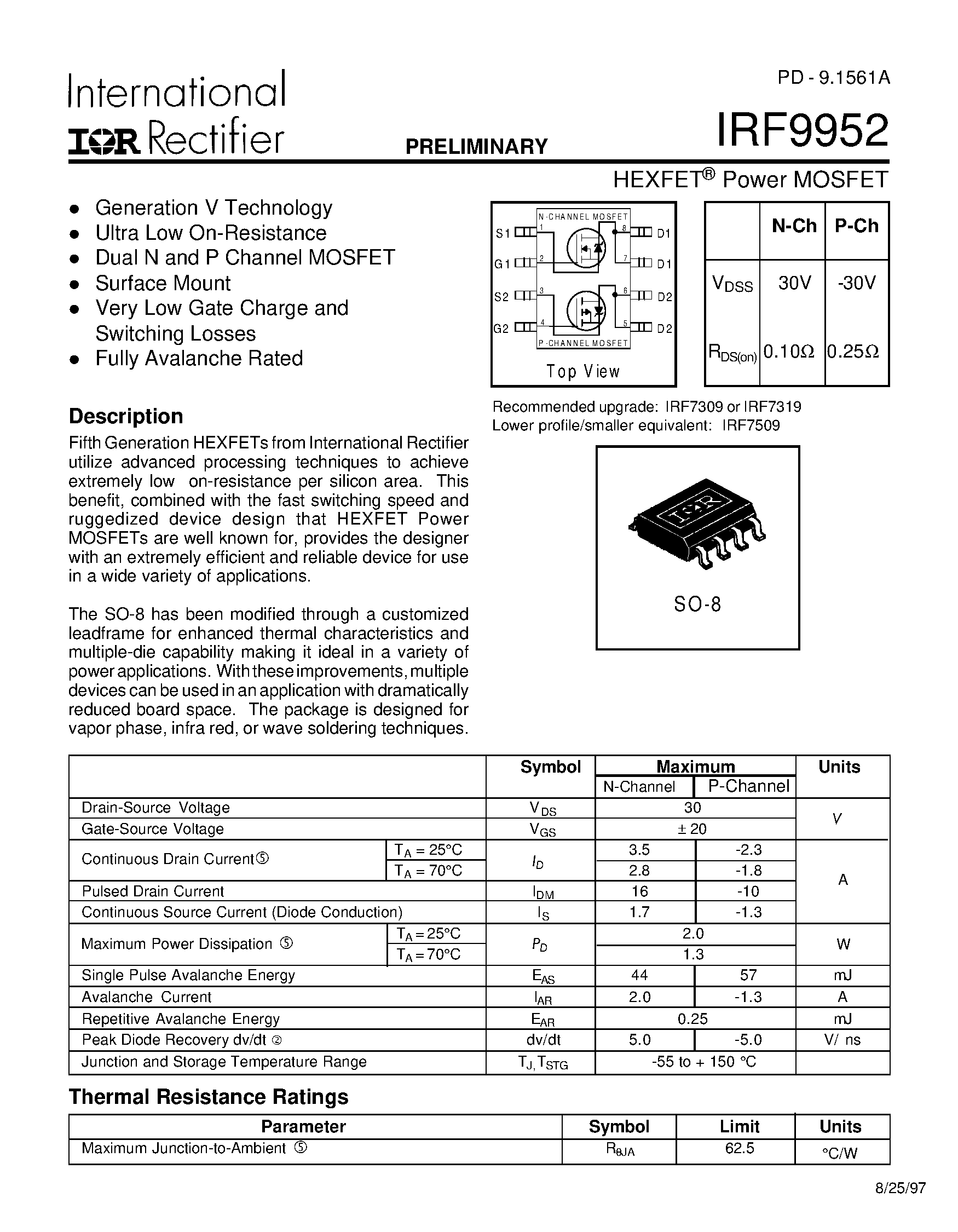 Datasheet IRF9952 - Power MOSFET(Vdss=+-30V) page 1