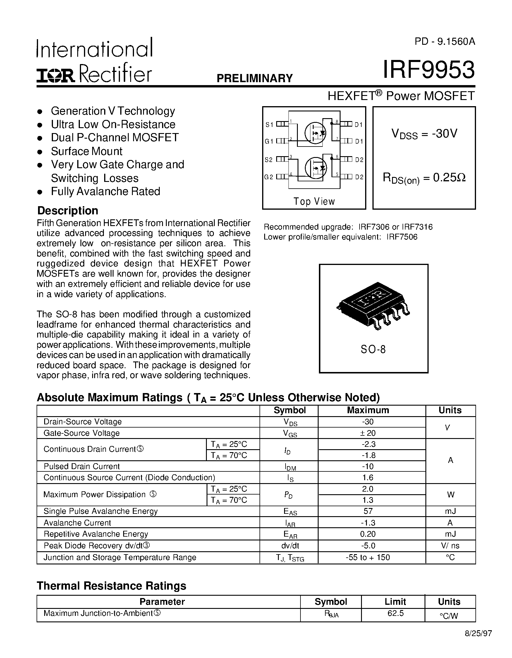 Datasheet IRF9953 - Power MOSFET(Vdss=-30V/ Rds(on)=0.25ohm) page 1