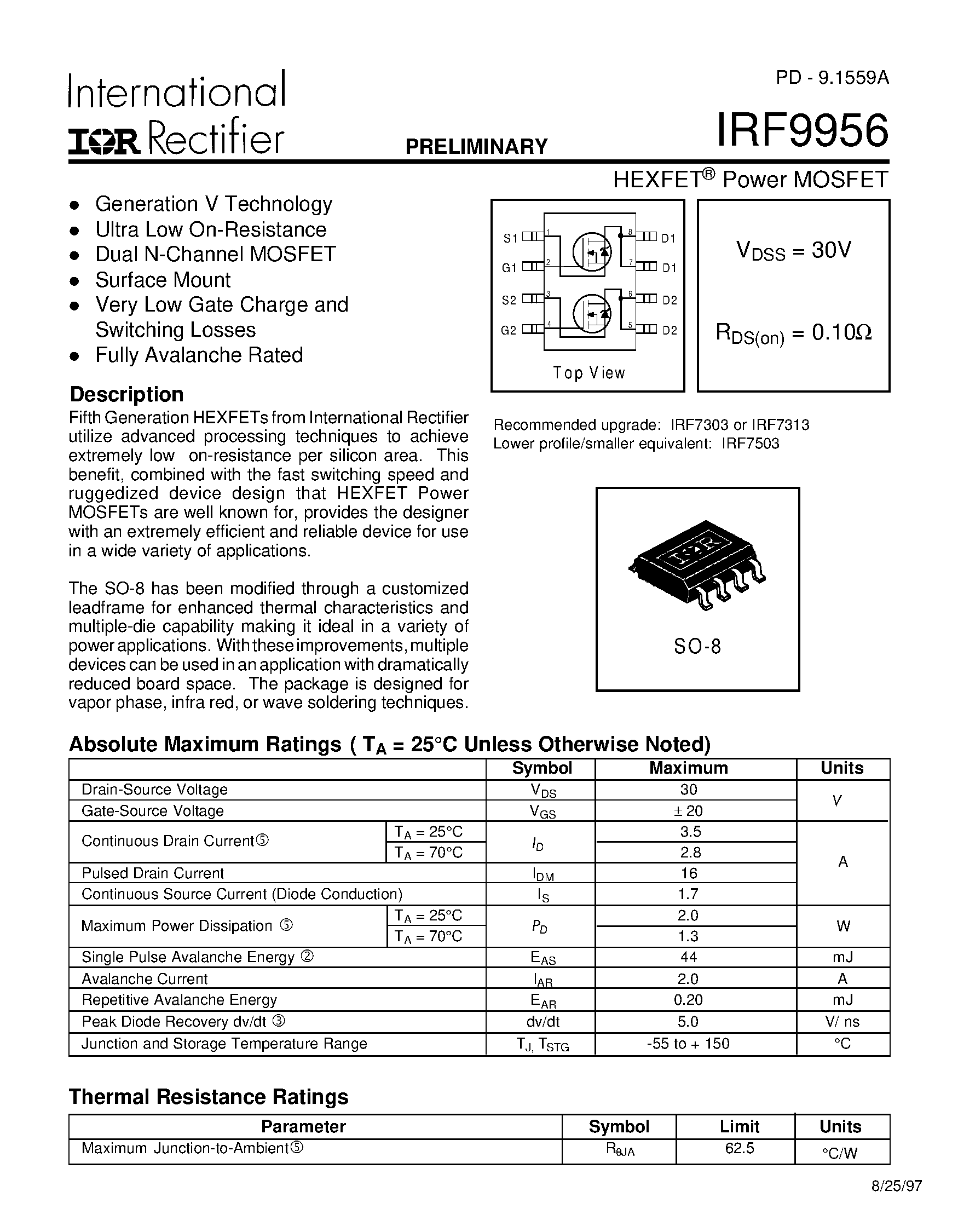 Datasheet IRF9956 - Power MOSFET(Vdss=30V/ Rds(on)=0.10ohm) page 1