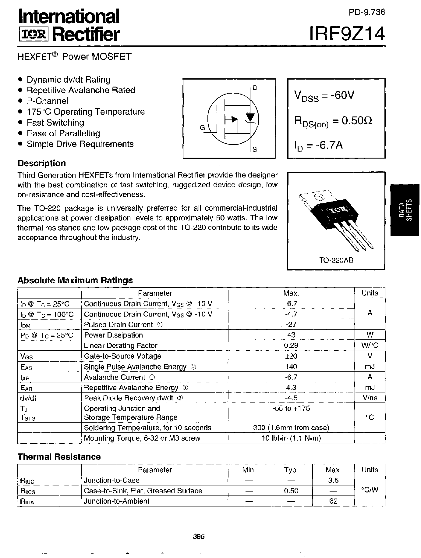 Datasheet IRF9Z14 page 1 Datasheet IRF9Z14 - Power MOSFET(Vdss=-60V/ Rds(on)=0.50ohm/ Id=-6.7A) page 1