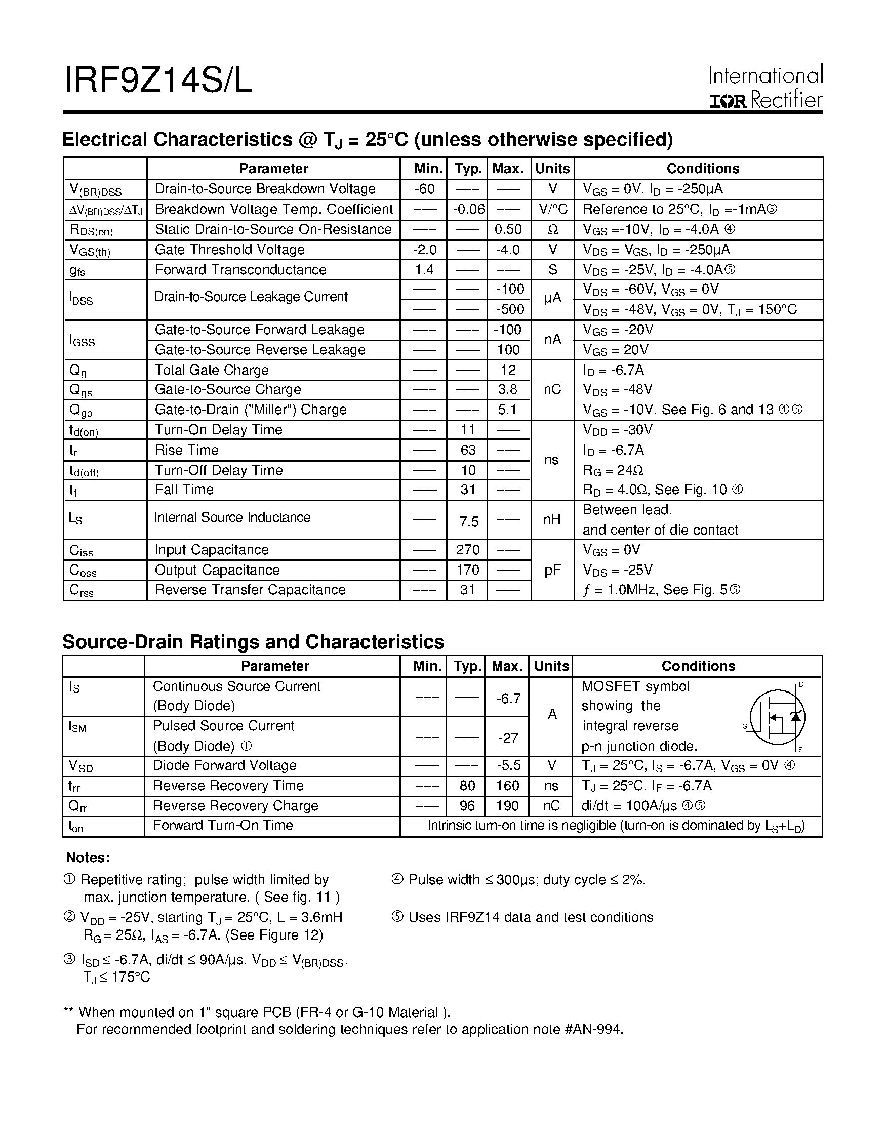 Datasheet IRF9Z14S - Power MOSFET(Vdss=-60V/ Rds(on)=0.50ohm/ Id=-6.7A) page 2