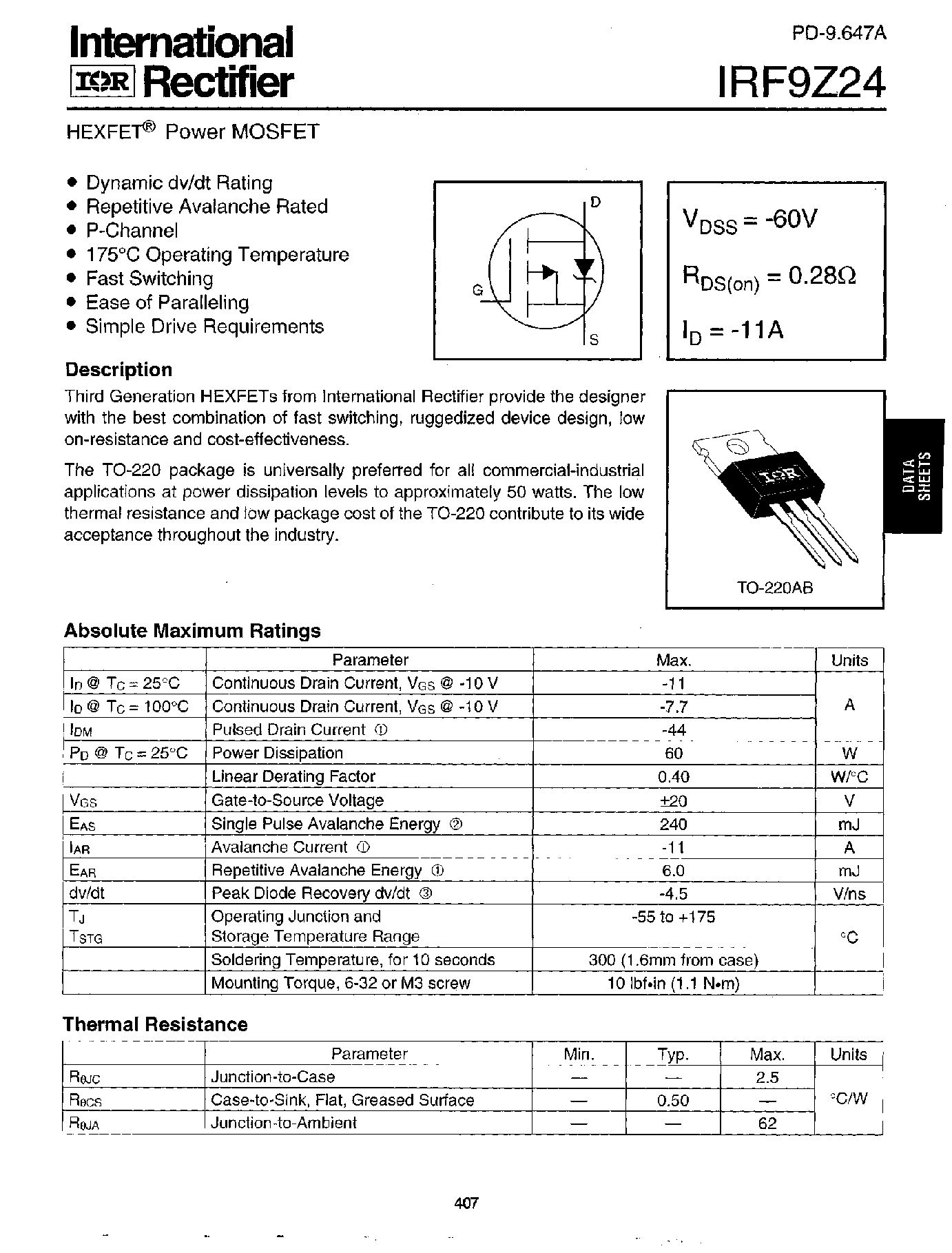 Datasheet IRF9Z24 - POWER MOSFET page 1