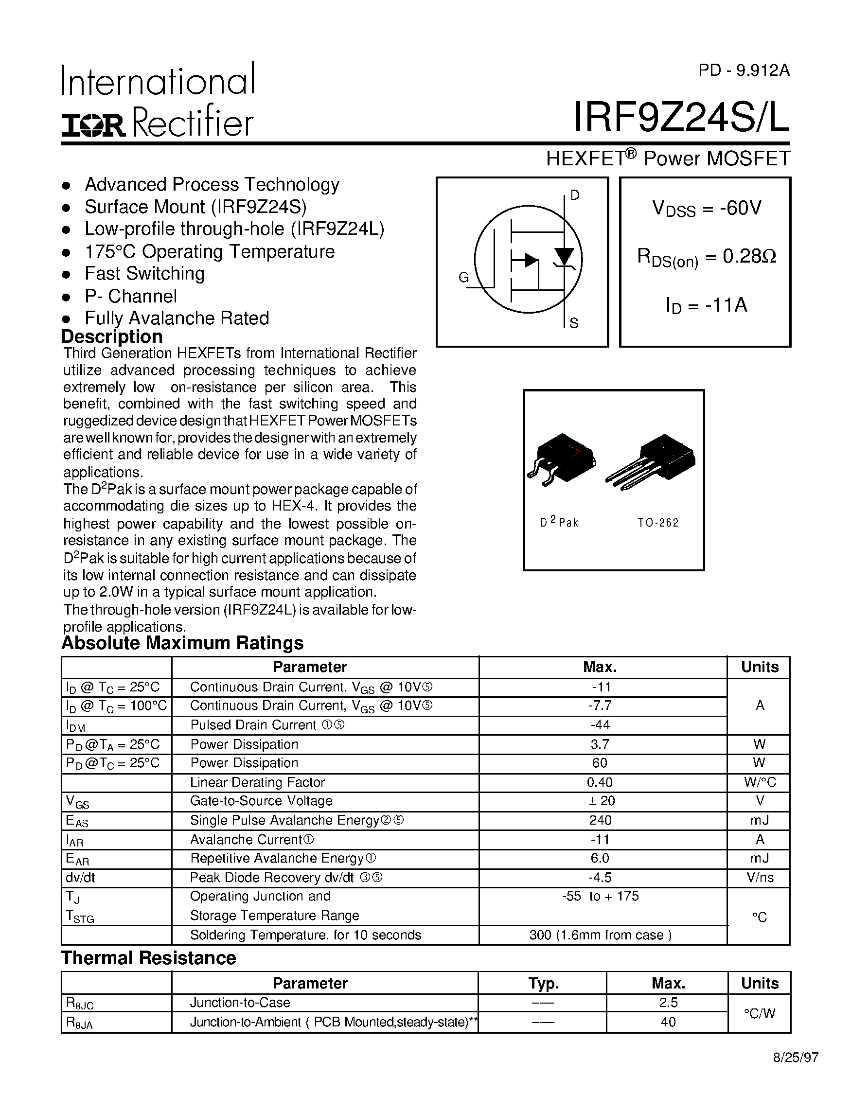 Datasheet IRF9Z24L - Power MOSFET(Vdss=-60V/ Rds(on)=0.28ohm/ Id=-11A) page 1