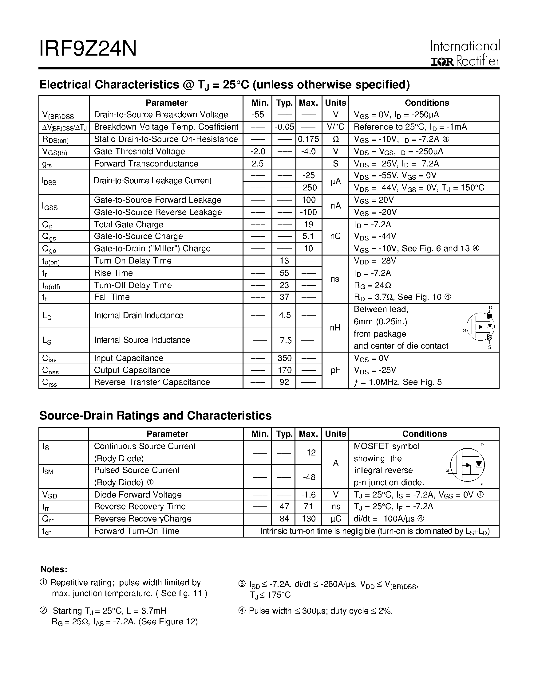 Datasheet IRF9Z24N - Power MOSFET(Vdss=-55V/ Rds(on)=0.175ohm/ Id=-12A) page 2